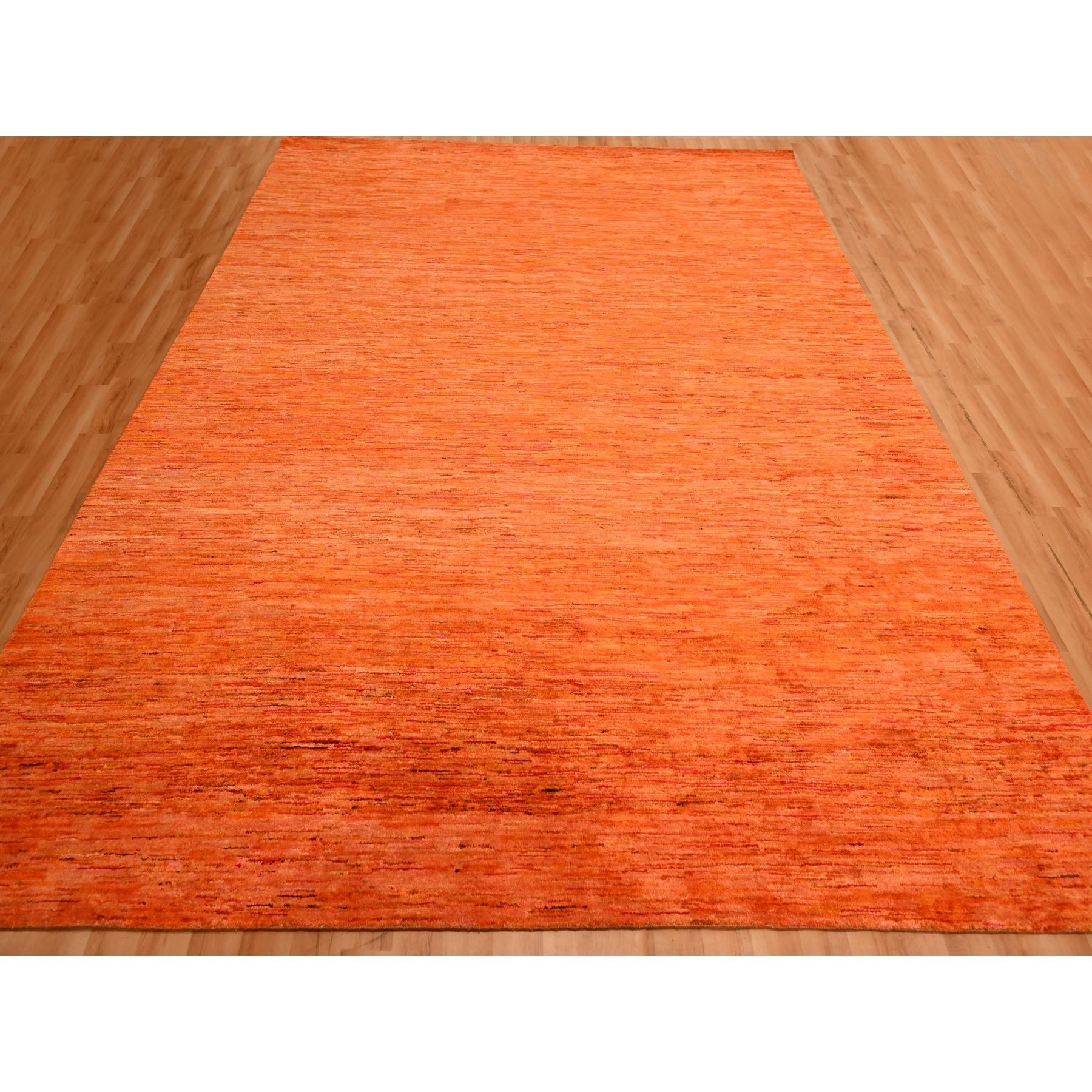 9'x12' Vivid Orange, Soft Pile, Lush and Plush, Hand Knotted, Plain Solid Design, Pure Sari Silk, Oriental Rug Sh76069