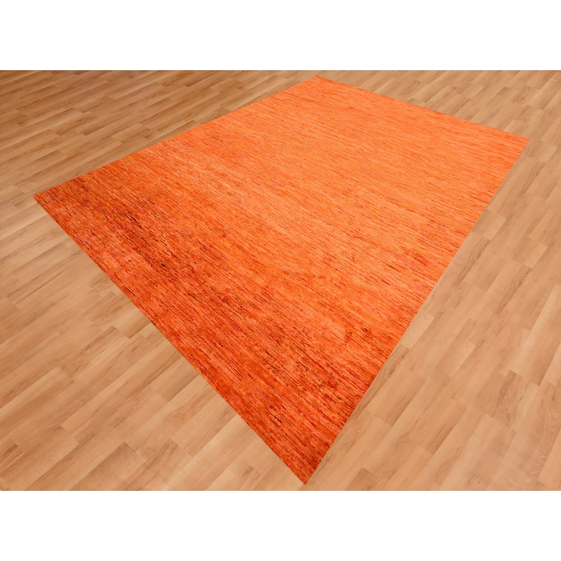 9'x12' Vivid Orange, Soft Pile, Lush and Plush, Hand Knotted, Plain Solid Design, Pure Sari Silk, Oriental Rug Sh76069