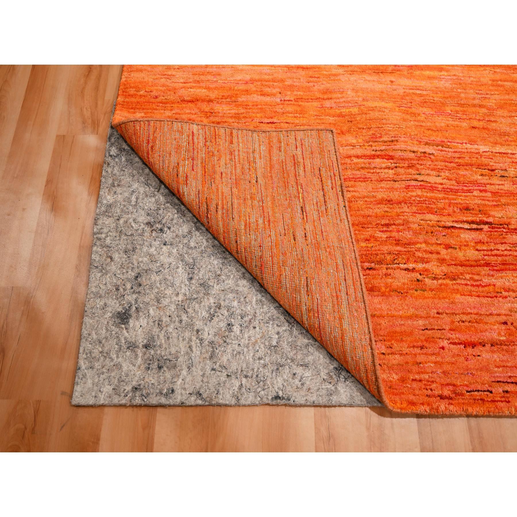 9'x12' Vivid Orange, Soft Pile, Lush and Plush, Hand Knotted, Plain Solid Design, Pure Sari Silk, Oriental Rug Sh76069