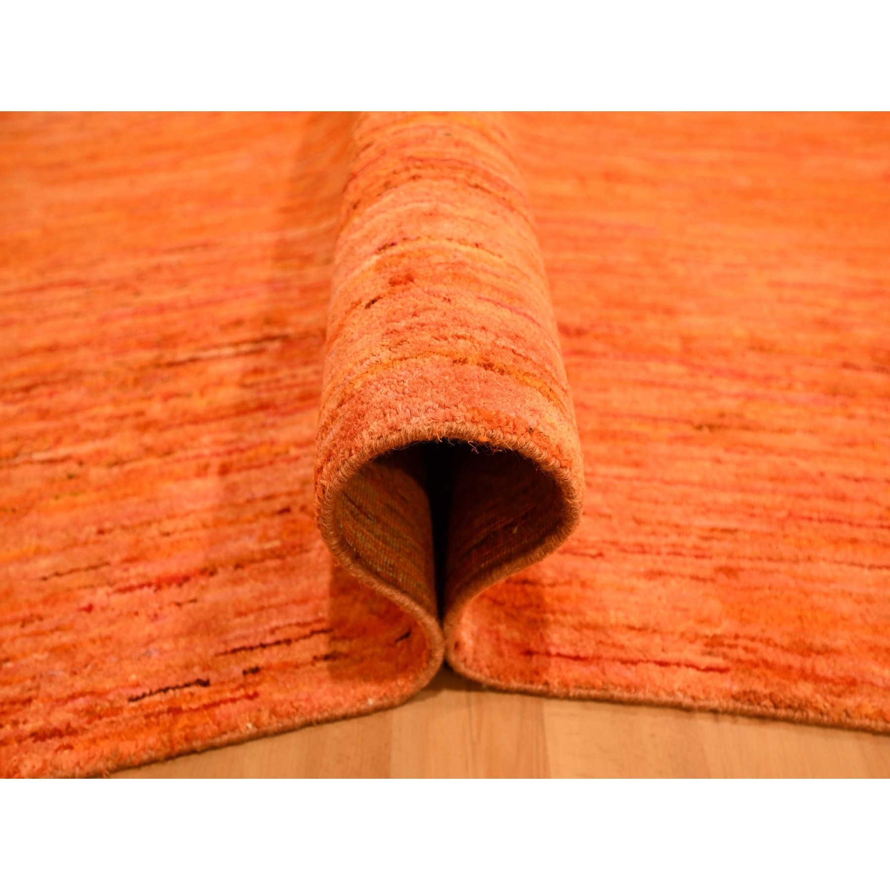 9'x12' Vivid Orange, Soft Pile, Lush and Plush, Hand Knotted, Plain Solid Design, Pure Sari Silk, Oriental Rug Sh76069