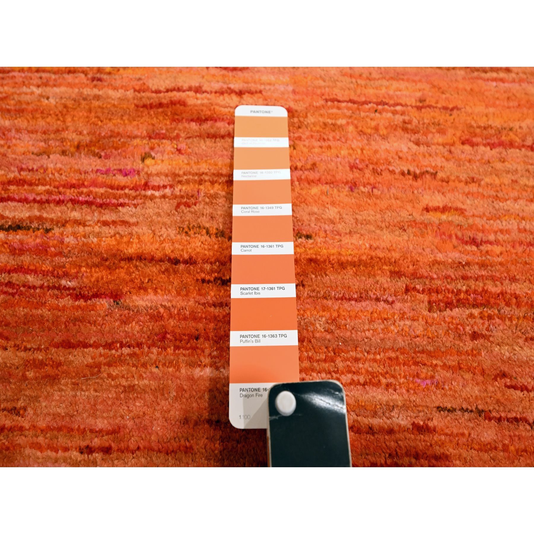 9'x12' Vivid Orange, Soft Pile, Lush and Plush, Hand Knotted, Plain Solid Design, Pure Sari Silk, Oriental Rug Sh76069