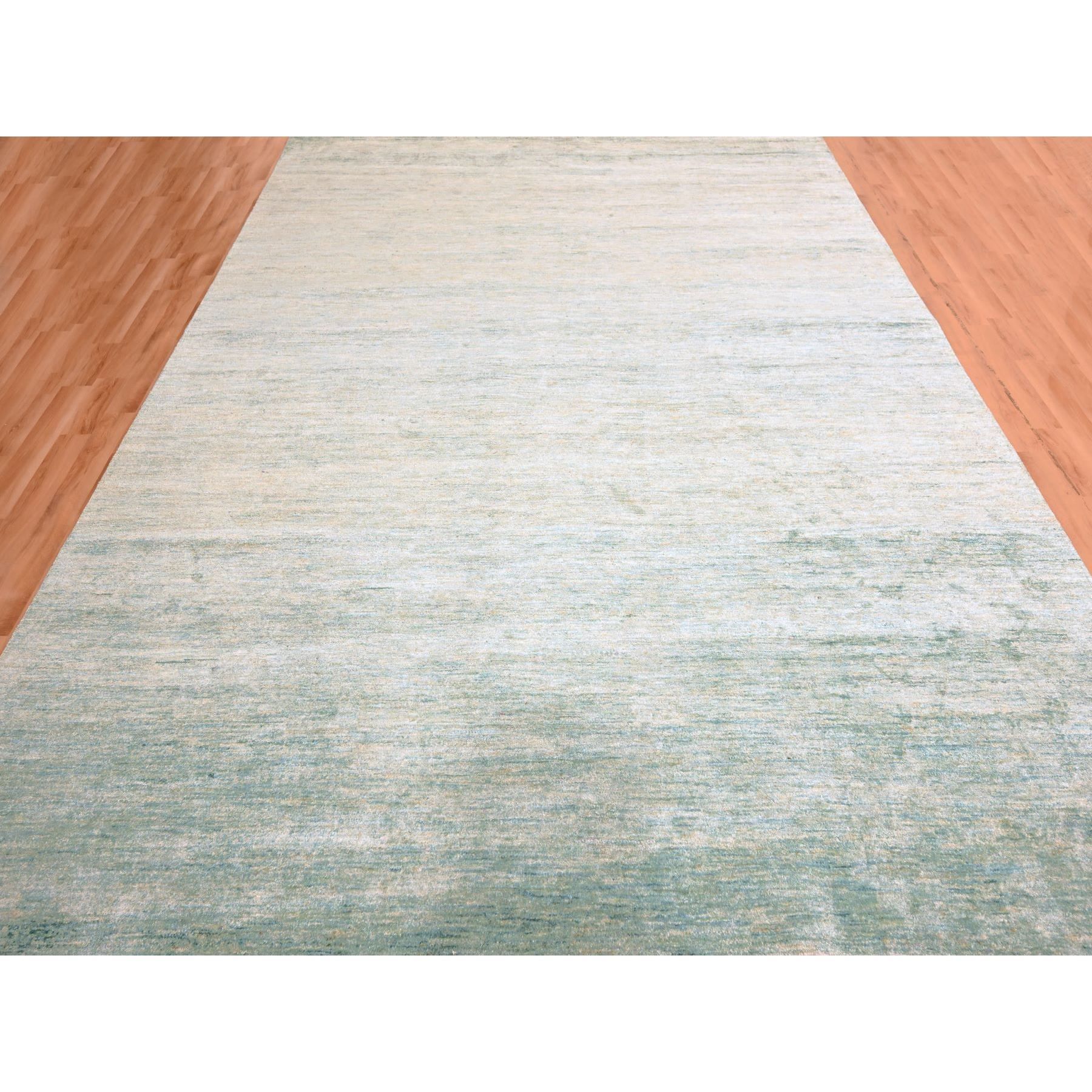 9'x12'3" Light Green with Ivory, Plain Solid Design, Pure Sari Silk, Hand Knotted, Soft to the Touch, Oriental Rug Sh76070