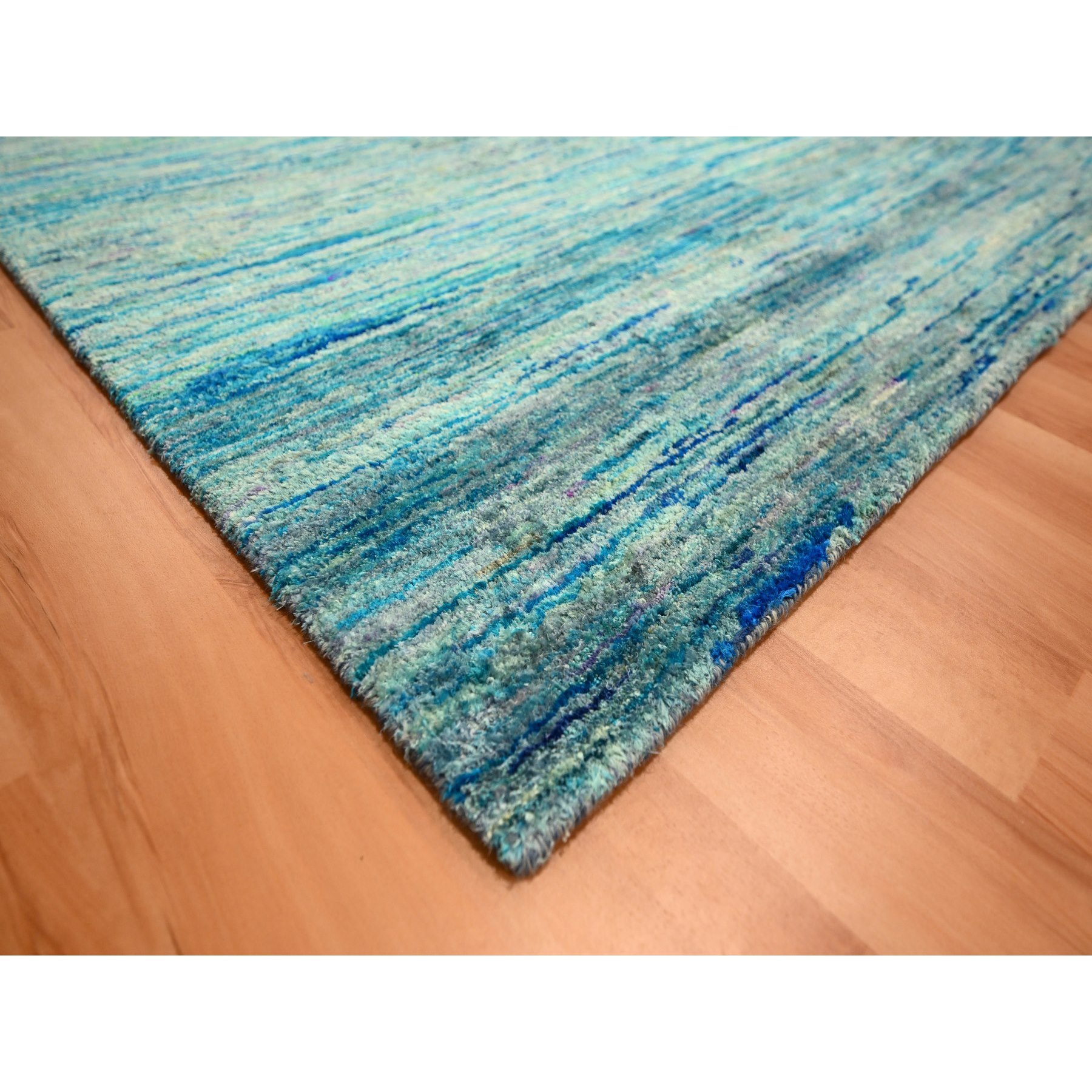 8'7"x12'2" Shades of Blue, Plain Solid Design, Soft to the Touch, Hand Knotted, Pure Sari Silk, Oriental Rug Sh76074