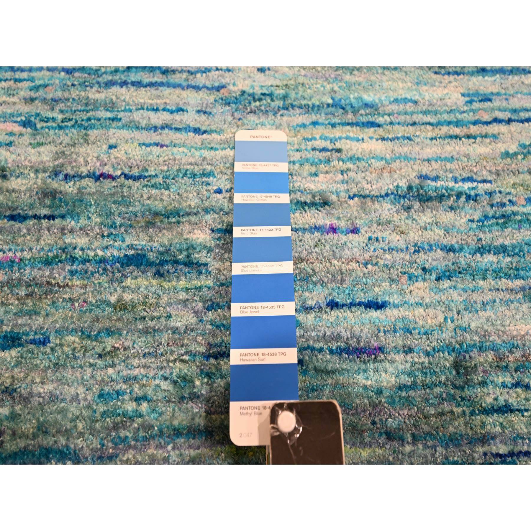 8'7"x12'2" Shades of Blue, Plain Solid Design, Soft to the Touch, Hand Knotted, Pure Sari Silk, Oriental Rug Sh76074