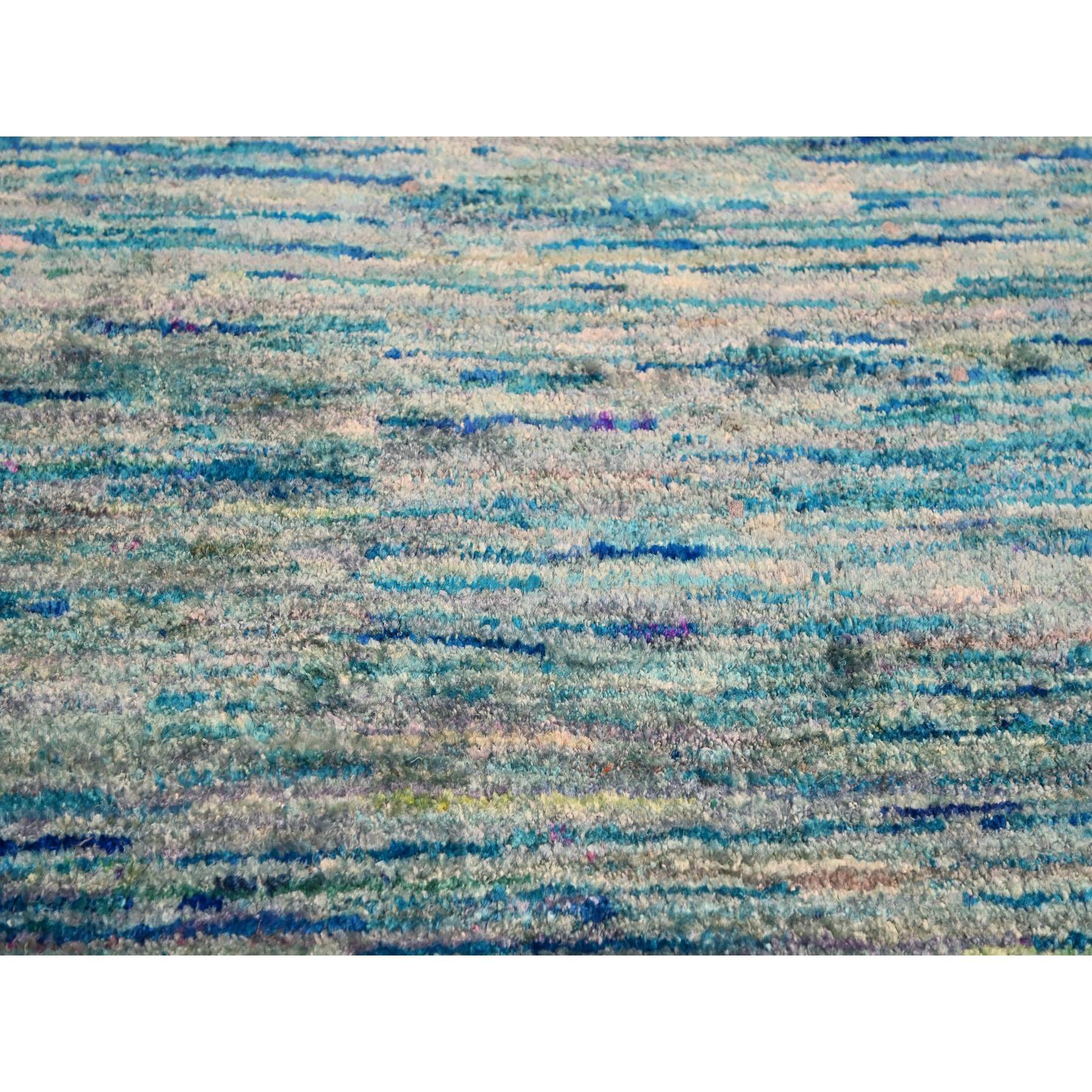 8'7"x12'2" Shades of Blue, Plain Solid Design, Soft to the Touch, Hand Knotted, Pure Sari Silk, Oriental Rug Sh76074