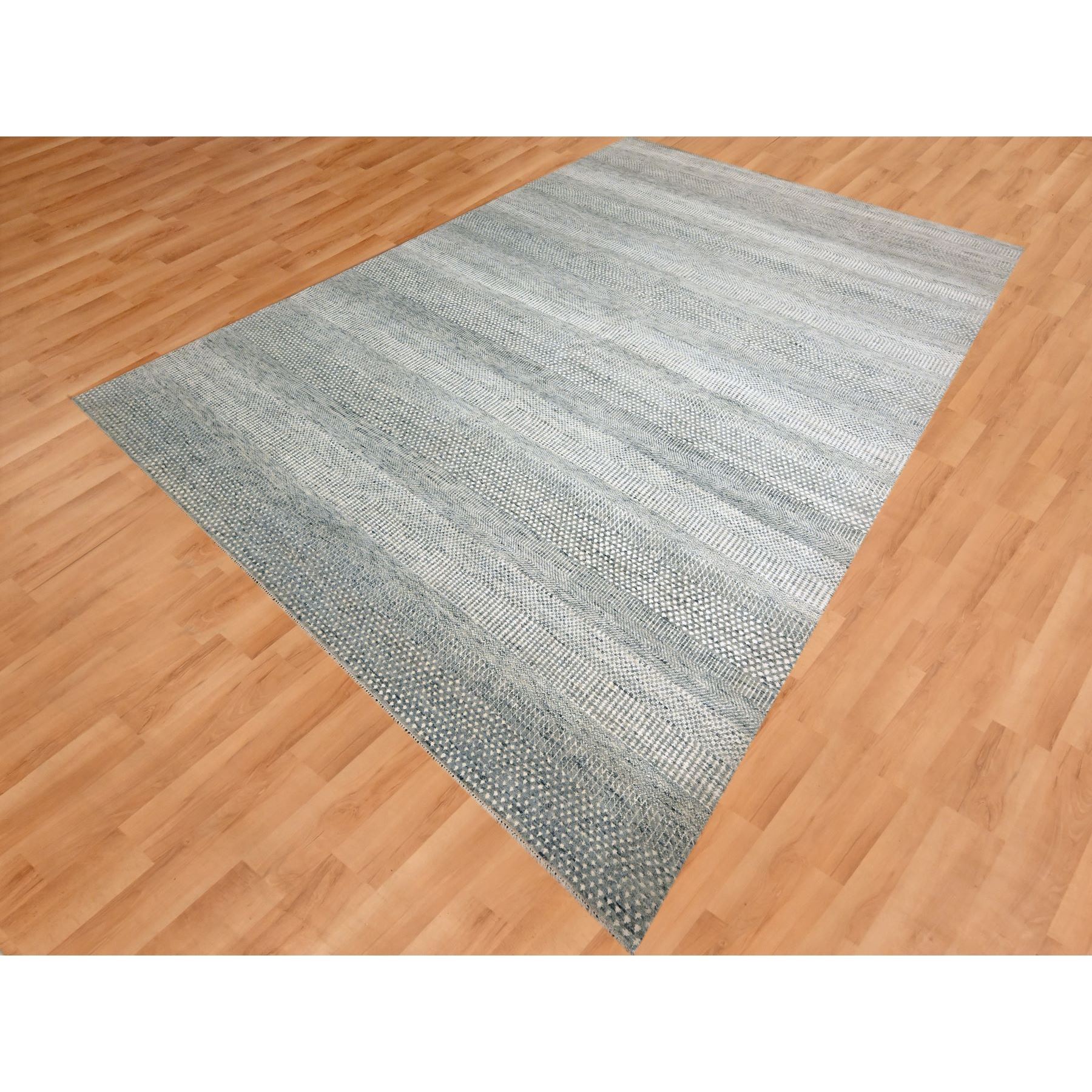 8'9"x12'3" Pastel Gray, Modern Grass Design, Hand Knotted, Borderless, Wool and Silk, Lush and Plush, Tone on Tone, Oriental Rug Sh76083