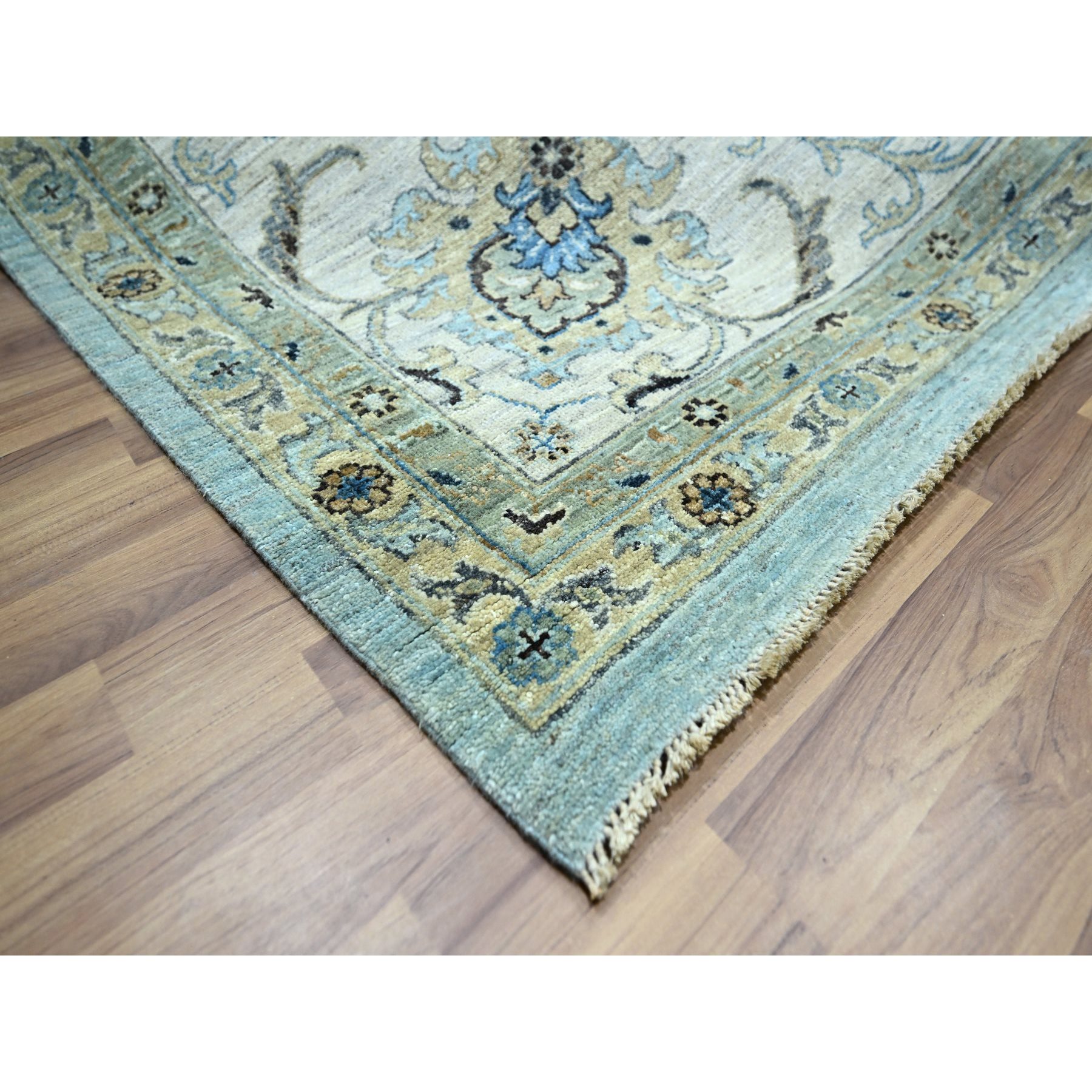 12'2"x15'3" Sapphire Blue, Agra, Shah Abbas Flower Vines Design, Vegetable Dyes, Hand Knotted, Pure Wool, Denser Weave, Oversized, Oriental Rug Sh76107