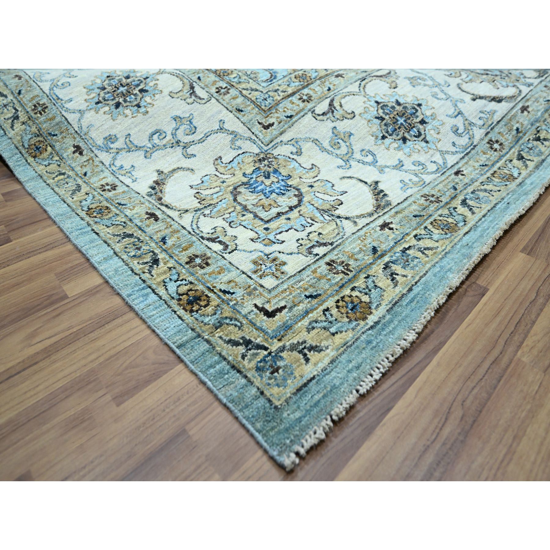 10'x13'10" Cerulean Blue, Hand Knotted, Agra, Shah Abbas Flower Vines Design, Natural Wool, Veggie Dyes, Denser Weave, Oriental Rug Sh76108