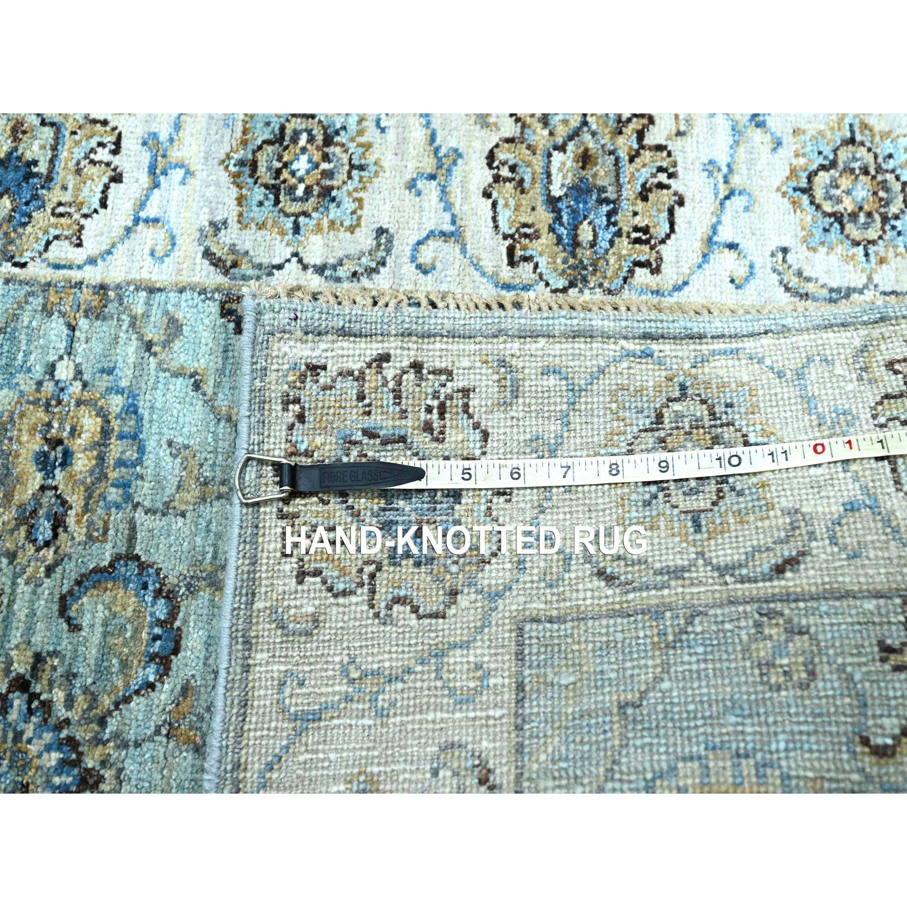 2'6"x25'7" Cerulean Blue, Pure Wool, Agra, Shah Abbas Flower Vines Design, Vegetable Dyes, Hand Knotted, Denser Weave, XL Runner, Oriental Rug Sh76112