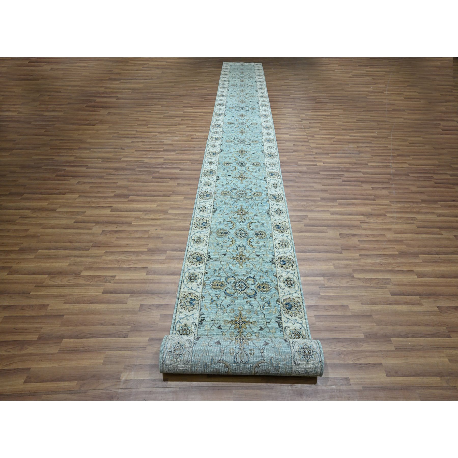 2'9"x24'3" Mist Blue, Natural Dyes, Agra, Shah Abbas Flower Vines Design, Luxurious Wool, Hand Knotted, Denser Weave, XL Runner, Oriental Rug Sh76113