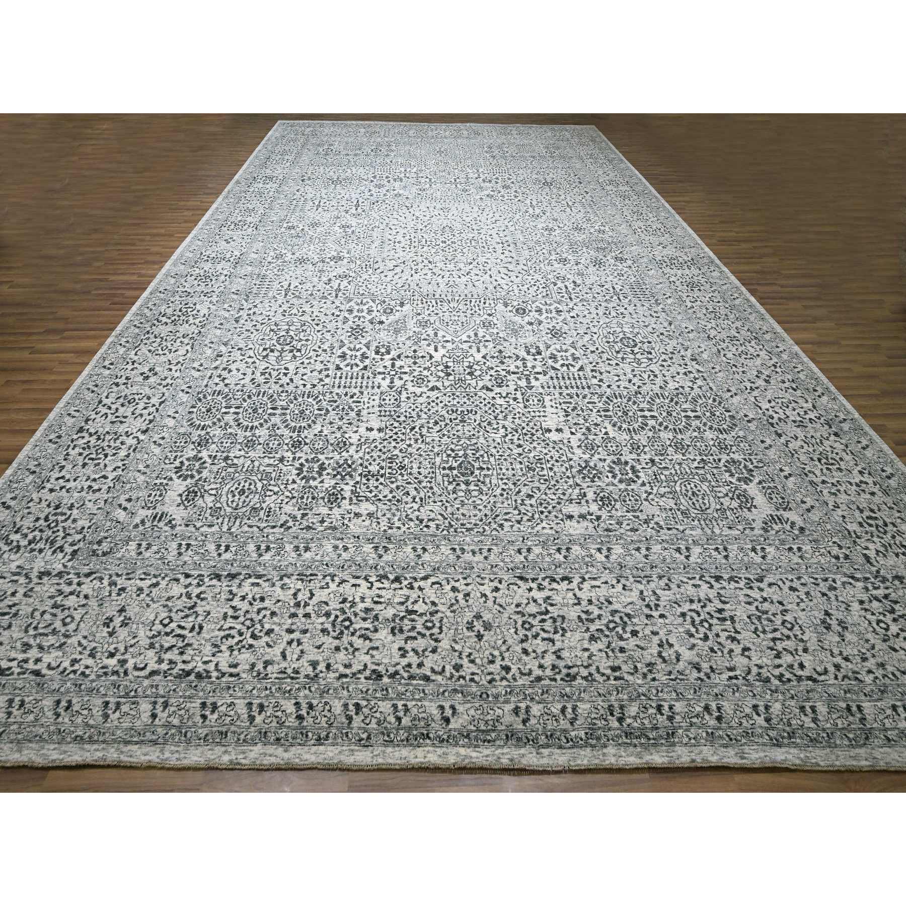 15'x20' Powder White, Mamluk Dynasty, Tone on Tone Design, Undyed Natural Wool, Densely Woven, Hand Knotted, Oversized, Oriental Rug Sh76119