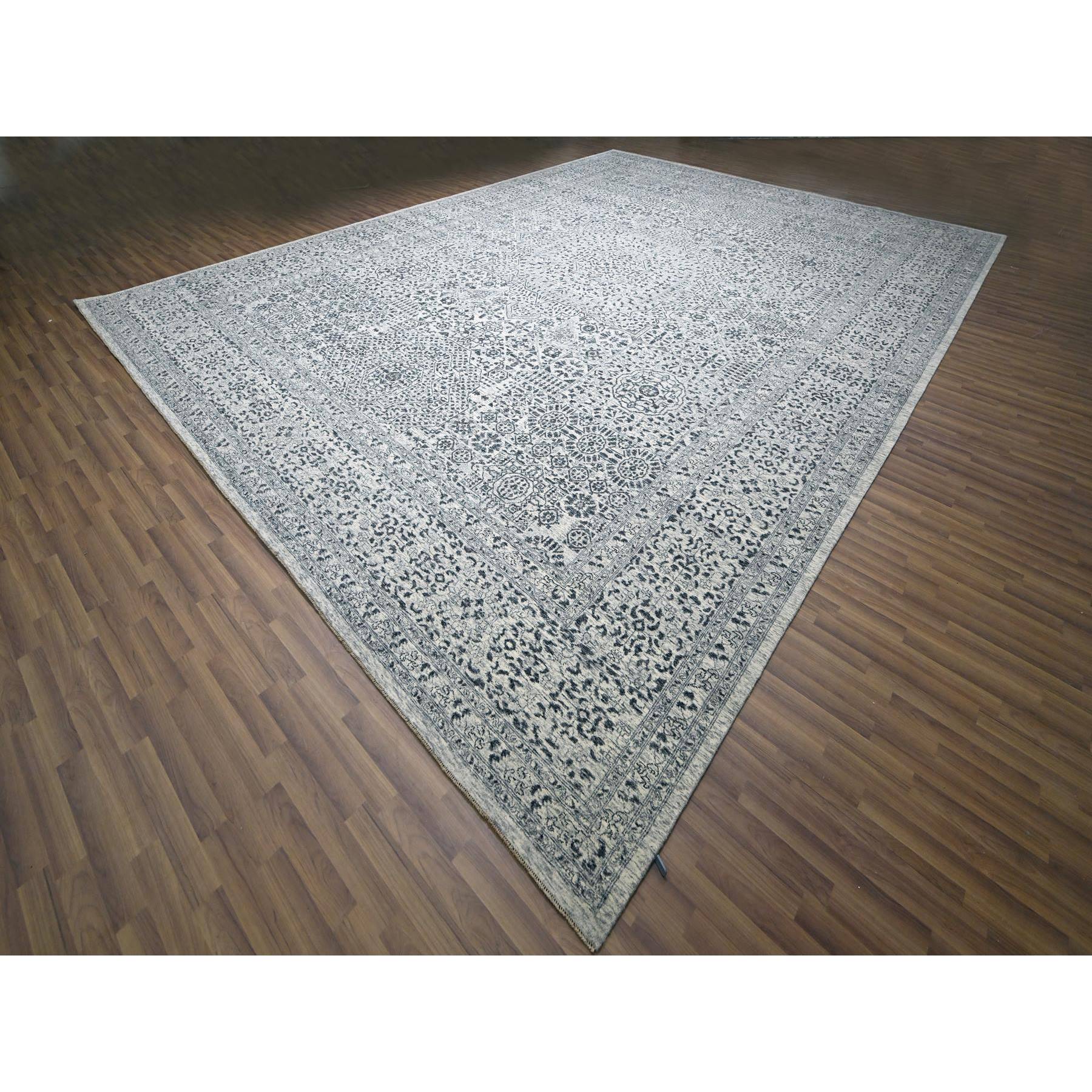 15'x20' Powder White, Mamluk Dynasty, Tone on Tone Design, Undyed Natural Wool, Densely Woven, Hand Knotted, Oversized, Oriental Rug Sh76119