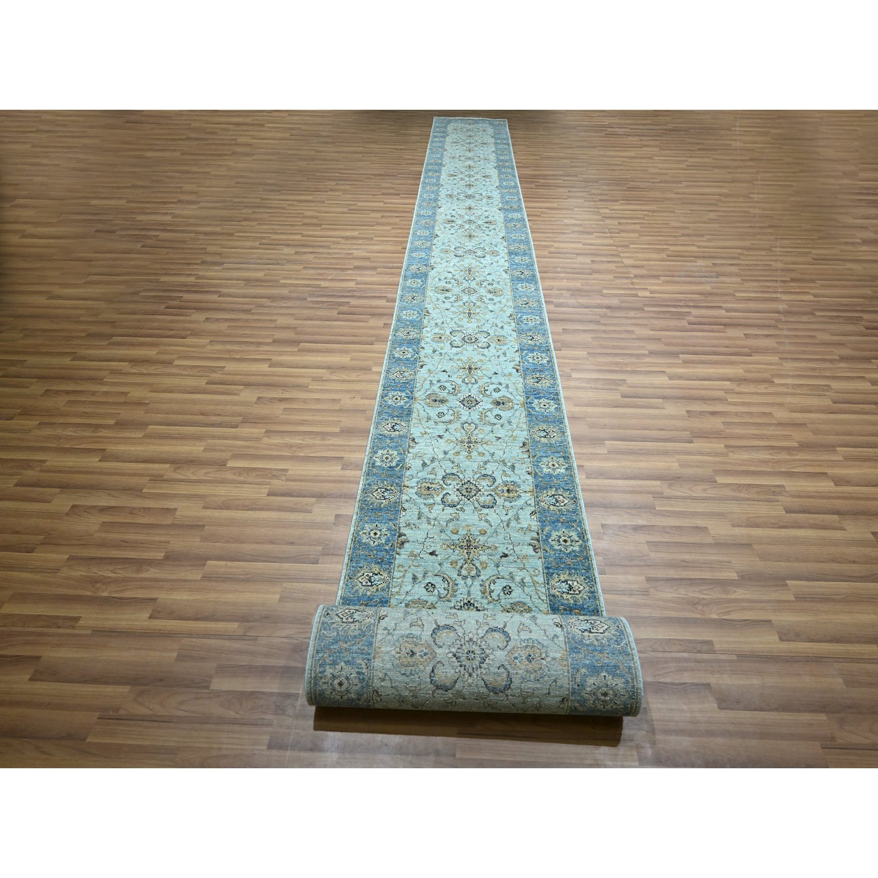 2'9"x29'10" Iceberg Blue, All Over Shah Abbas Flower Design, Veggie Dyes, Densely Woven, Agra, Natural Wool, Hand Knotted, XL Runner, Oriental Rug Sh76124