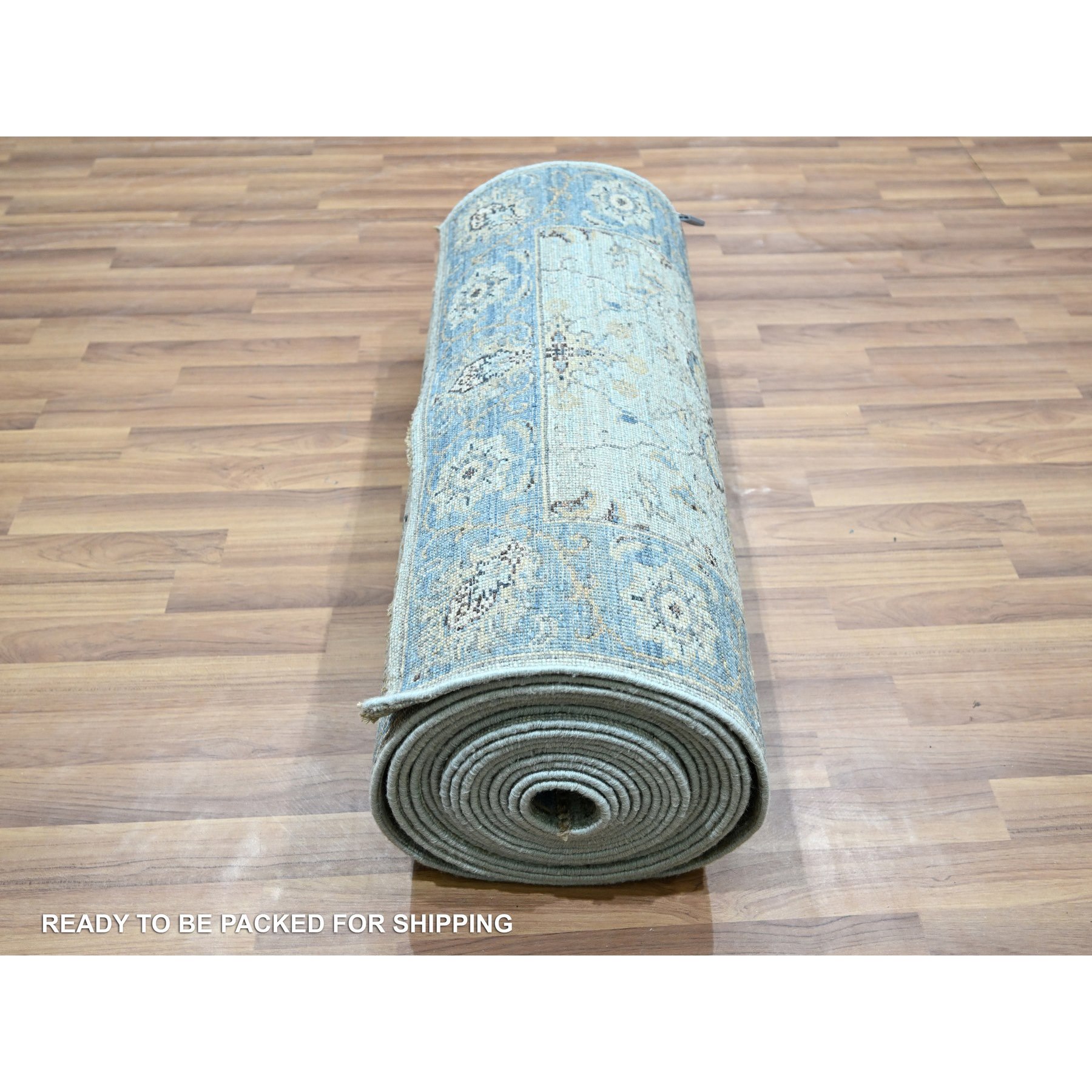 2'9"x29'10" Iceberg Blue, All Over Shah Abbas Flower Design, Veggie Dyes, Densely Woven, Agra, Natural Wool, Hand Knotted, XL Runner, Oriental Rug Sh76124