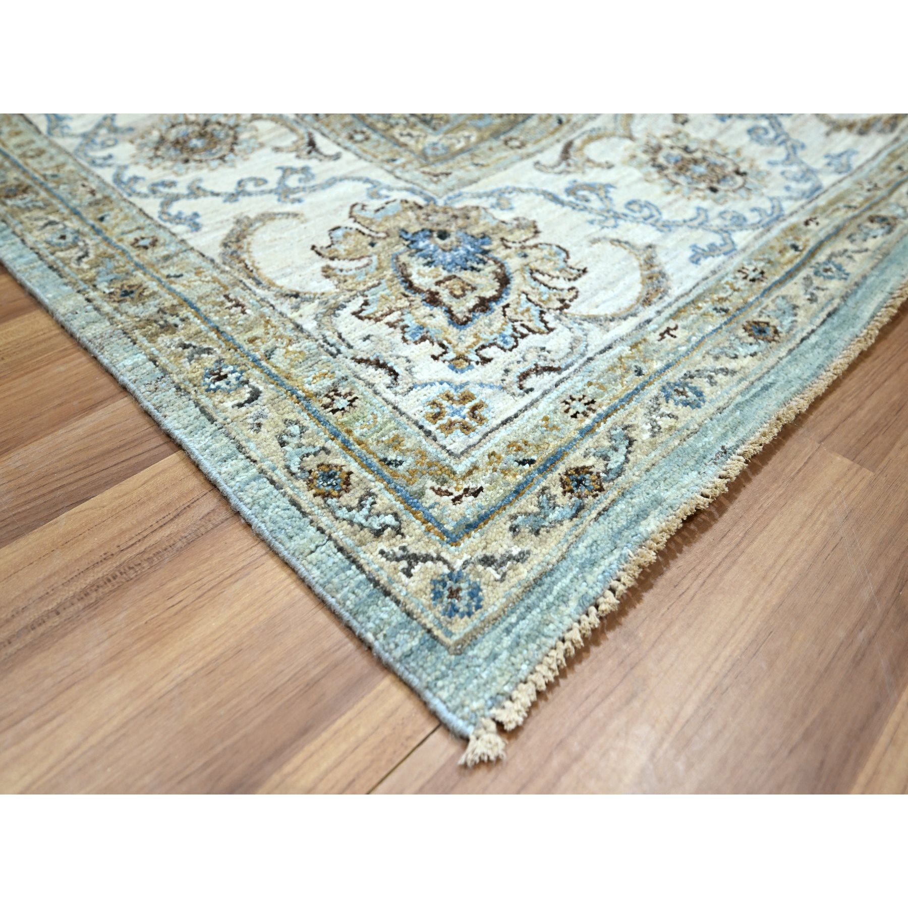 8'1"x9'10" Morning Blue, Veggie Dyes, Agra, Shah Abbas Flower Vines Design, Hand Knotted, Natural Wool, Denser Weave, Oriental Rug Sh76133