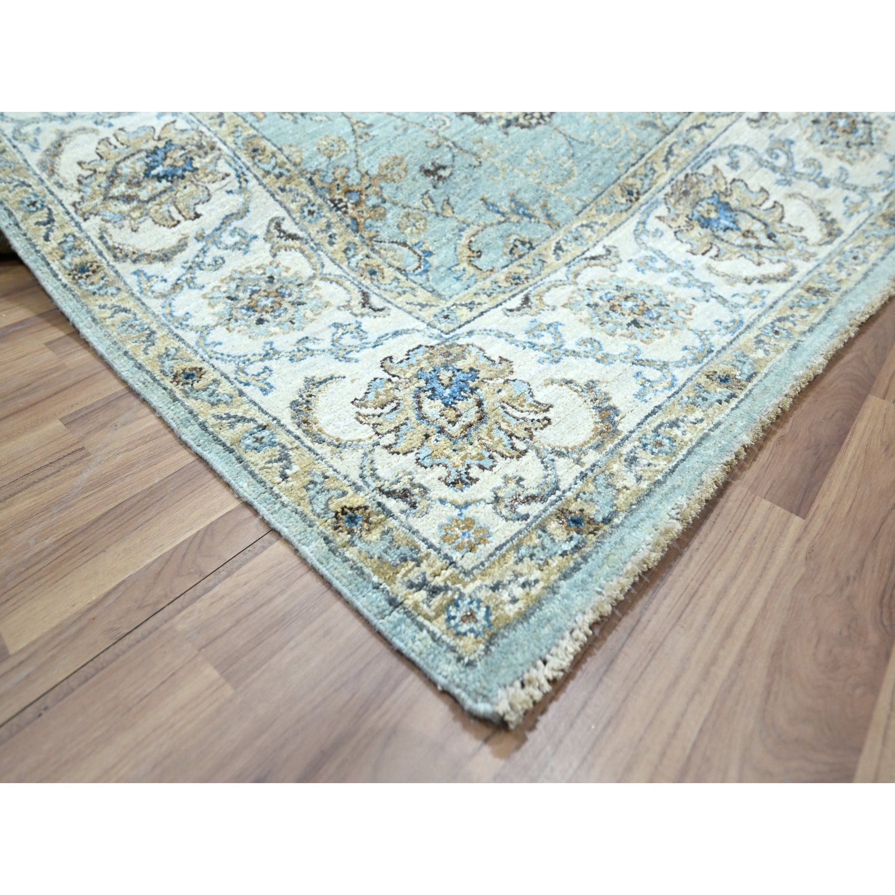 6'x9'1" Baby Blue, Hand Knotted, Agra, Shah Abbas Flower Vines Design, Pure Wool, Veggie Dyes, Denser Weave, Oriental Rug Sh76137