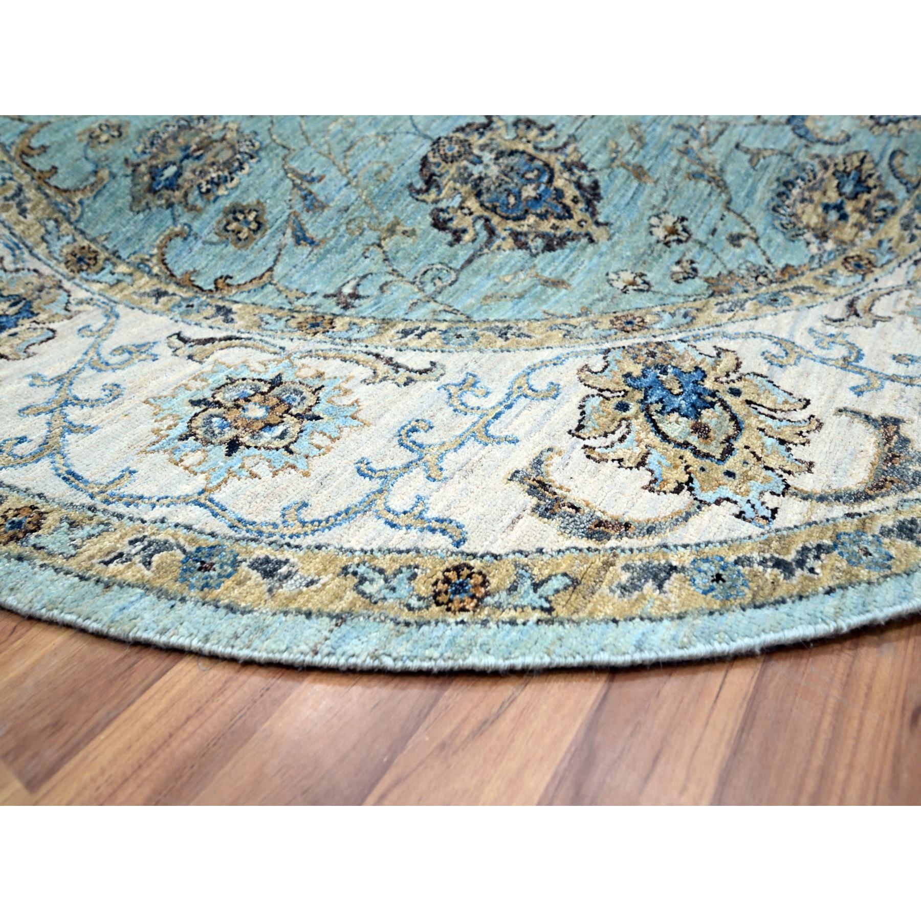 7'x7' Crystal Blue, Natural Dyes, Agra, Shah Abbas Flower Vines Design, Hand Knotted, Luxurious Wool, Denser Weave, Round, Oriental Rug Sh76138