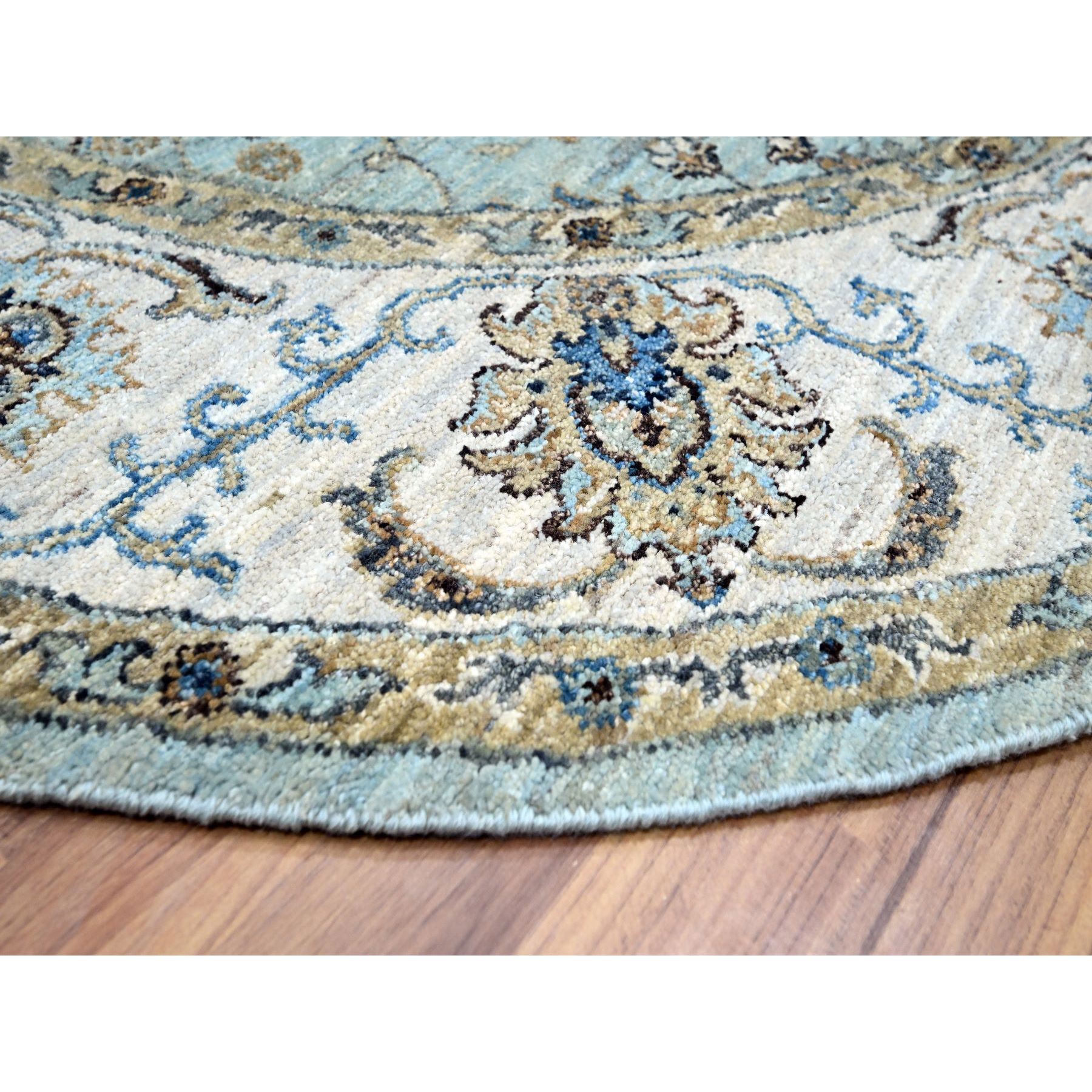 6'1"x6'1" Cerulean Blue, Hand Knotted, Agra, Shah Abbas Flower Vines Design, Vegetable Dyes, Luxurious Wool, Denser Weave, Round, Oriental Rug Sh76139