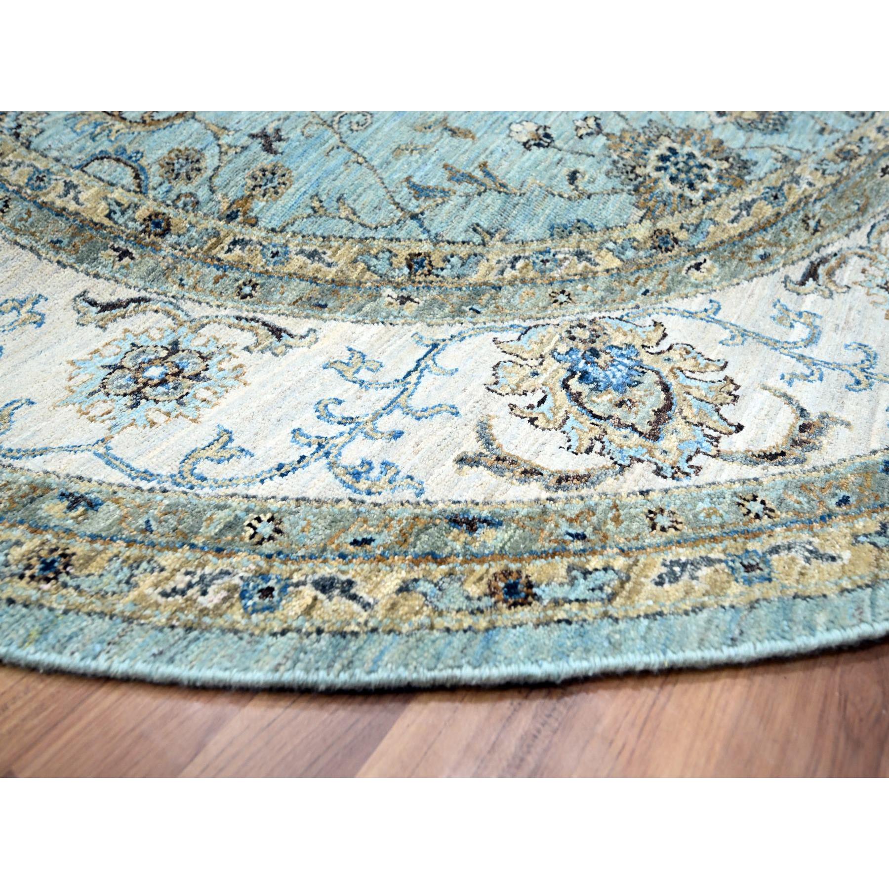 8'x8' Crystal Blue, Agra, Shah Abbas Flower Vines Design, Hand Knotted, Pure Wool, Natural Dyes, Denser Weave, Round, Oriental Rug Sh76140