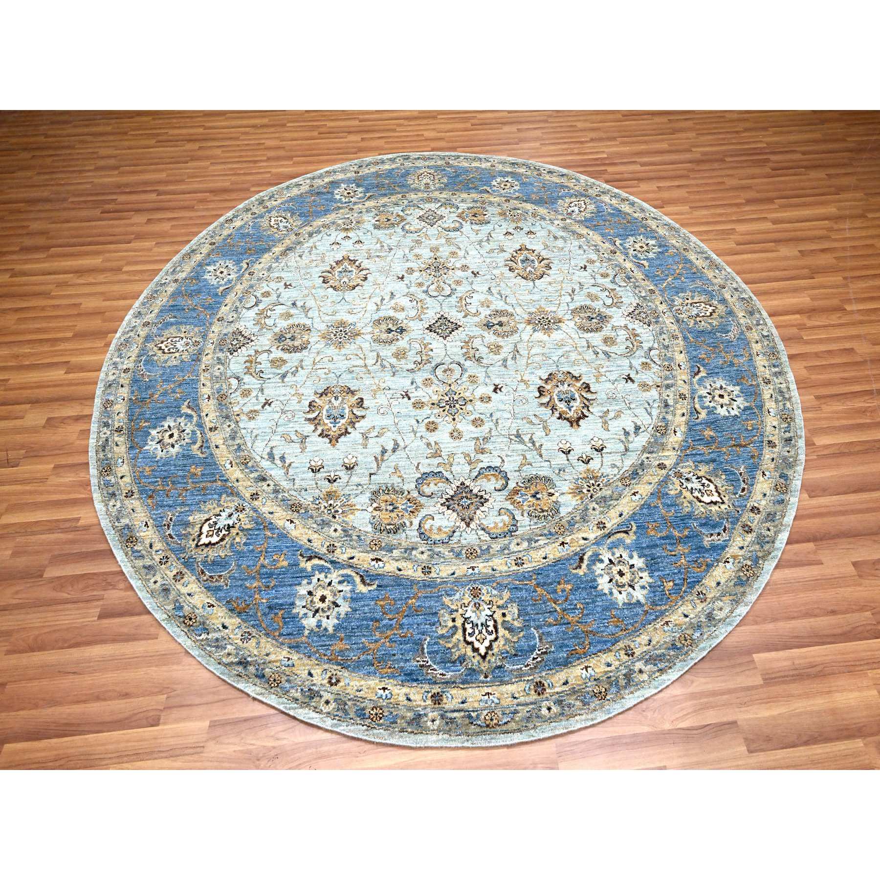 9'x9' Cerulean Blue, Agra, All Over Shah Abbas Flower Design, Veggie Dyes, Densely Woven, Natural Wool, Hand Knotted, Round, Oriental Rug Sh76142