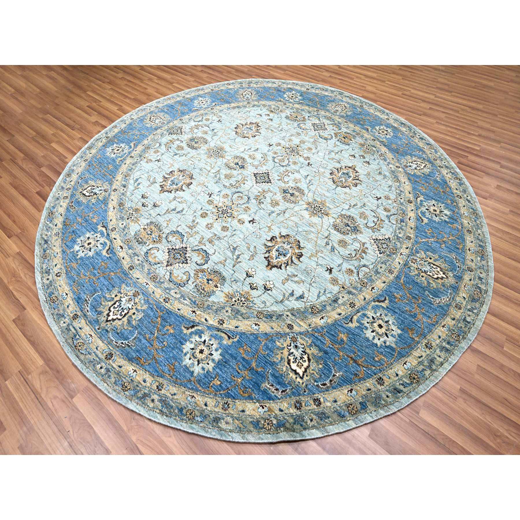 9'x9' Cerulean Blue, Agra, All Over Shah Abbas Flower Design, Veggie Dyes, Densely Woven, Natural Wool, Hand Knotted, Round, Oriental Rug Sh76142
