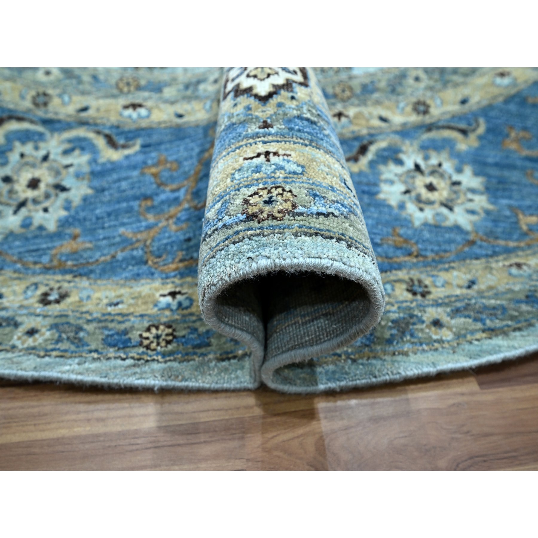 9'x9' Cerulean Blue, Agra, All Over Shah Abbas Flower Design, Veggie Dyes, Densely Woven, Natural Wool, Hand Knotted, Round, Oriental Rug Sh76142