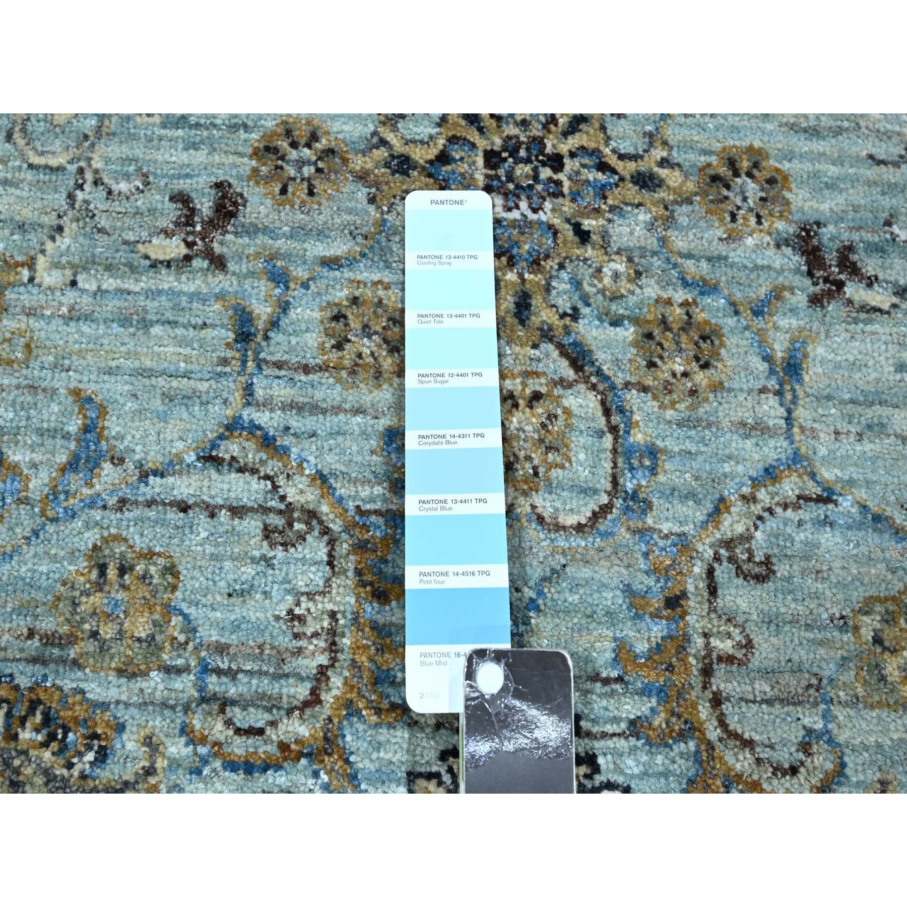 7'2"x7'2" Powder Blue, Denser Weave, Agra, All Over Shah Abbas Flower Design, Vegetable Dyes, Pure Wool, Hand Knotted, Round, Oriental Rug Sh76143