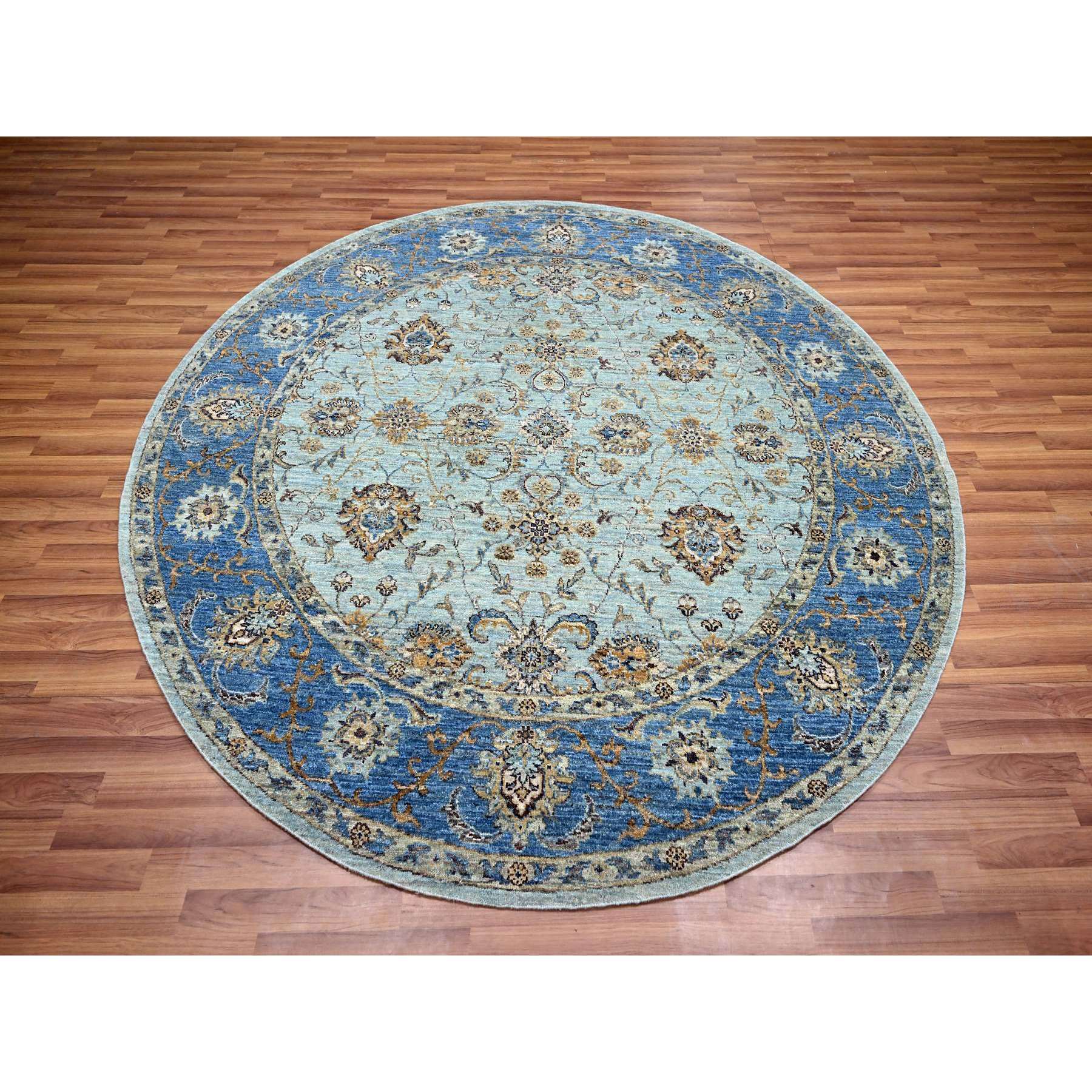 7'1"x7'1" Arctic Blue, All Over Shah Abbas Flower Design, Natural Dyes, Densely Woven, Agra, Pure Wool, Hand Knotted, Round, Oriental Rug Sh76144