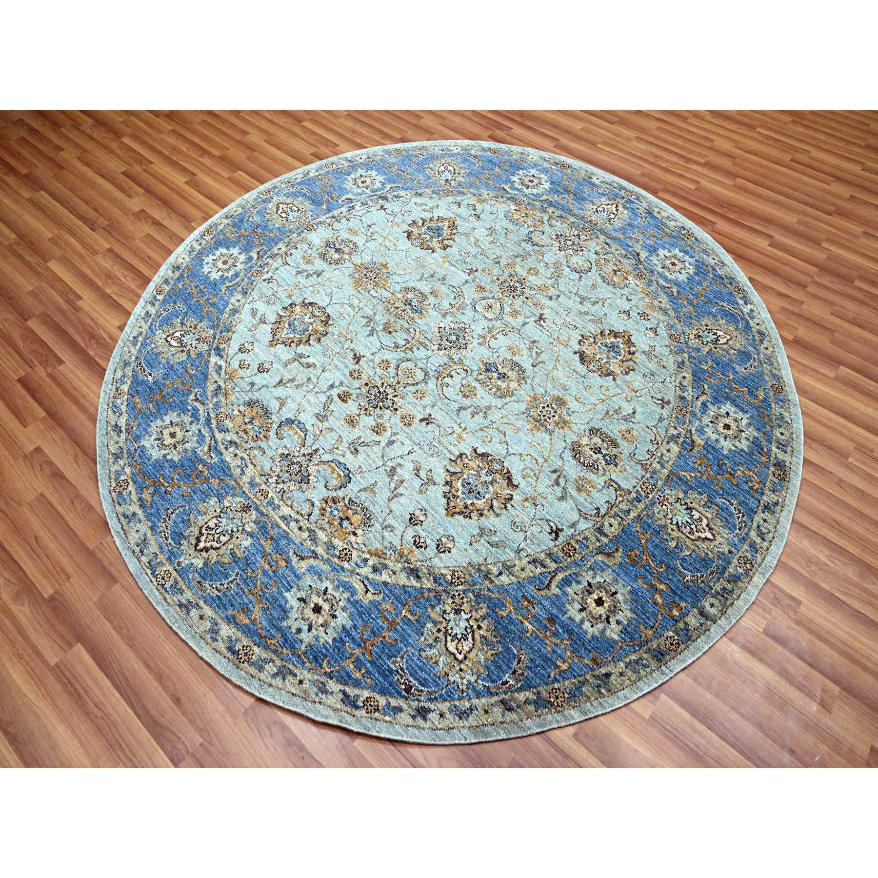 7'1"x7'1" Arctic Blue, All Over Shah Abbas Flower Design, Natural Dyes, Densely Woven, Agra, Pure Wool, Hand Knotted, Round, Oriental Rug Sh76144