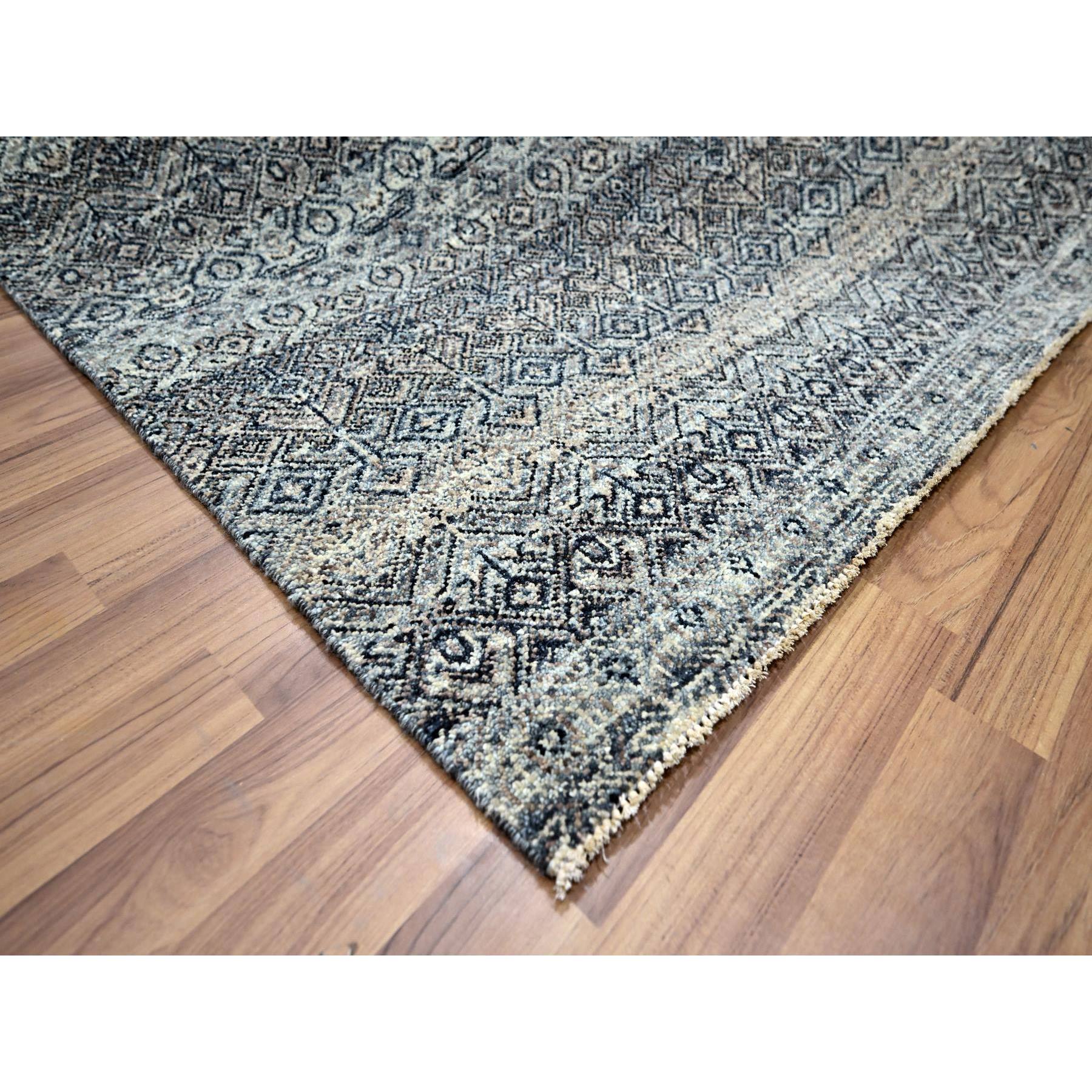 9'1"x12'1" Shades of Gray, Kohinoor Herat Pattern, Small Repetitive Geometric Diamond Design, Pure Wool, Hand Knotted, Tone on Tone, Borderless, Soft To The Touch, Oriental Rug Sh76150