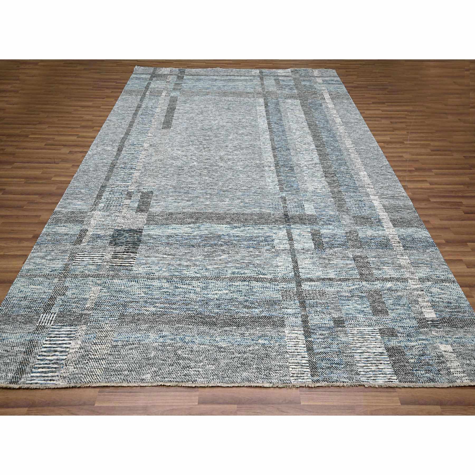 9'x12'1" Barely Blue with Brown, Modern Geometric Opened Up Plaid Design, 100% Wool, Hand Knotted, Thick and Plush, Oriental Rug Sh76152