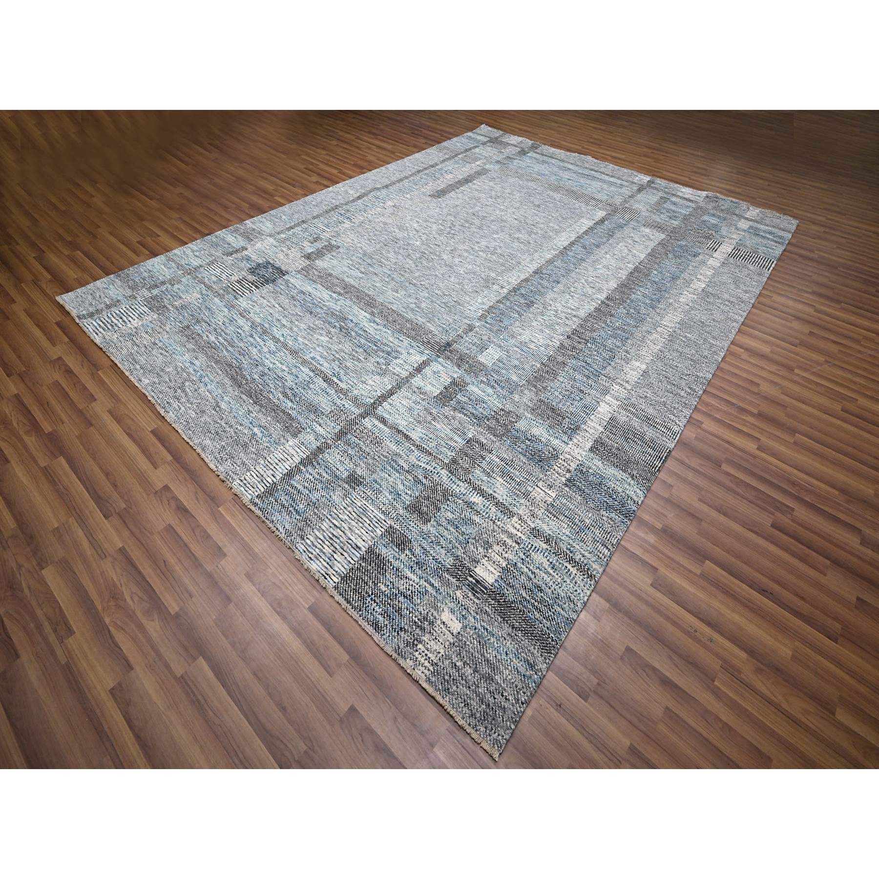 9'x12'1" Barely Blue with Brown, Modern Geometric Opened Up Plaid Design, 100% Wool, Hand Knotted, Thick and Plush, Oriental Rug Sh76152
