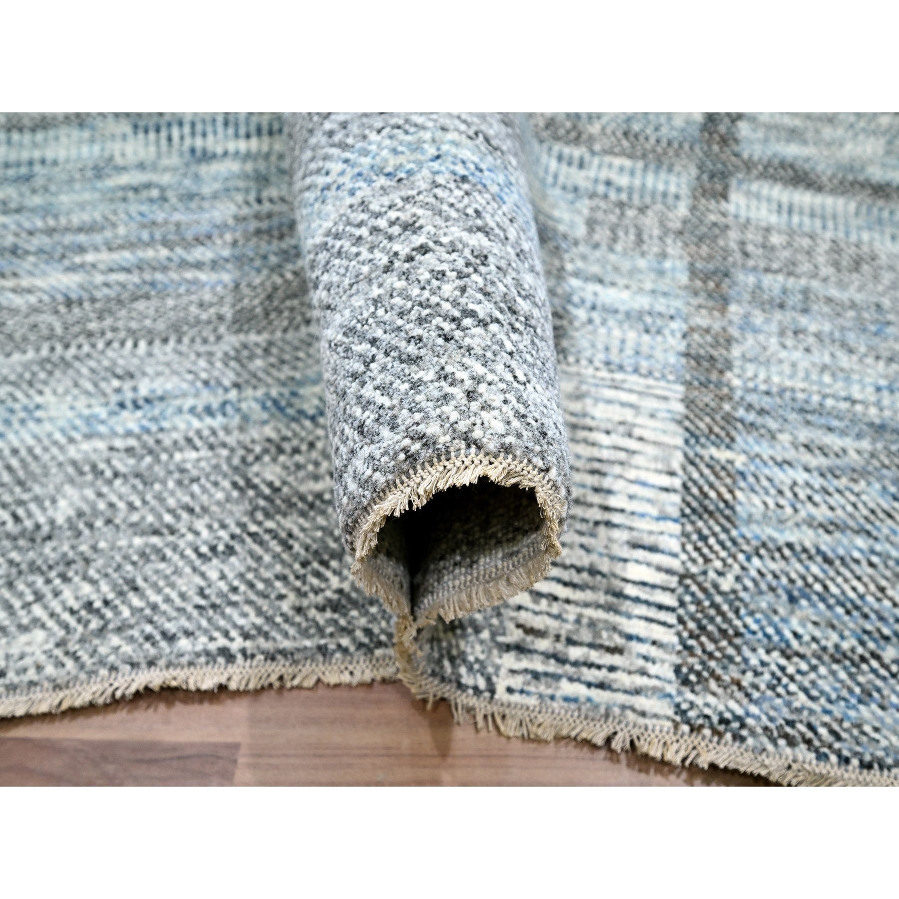 9'x12'1" Barely Blue with Brown, Modern Geometric Opened Up Plaid Design, 100% Wool, Hand Knotted, Thick and Plush, Oriental Rug Sh76152