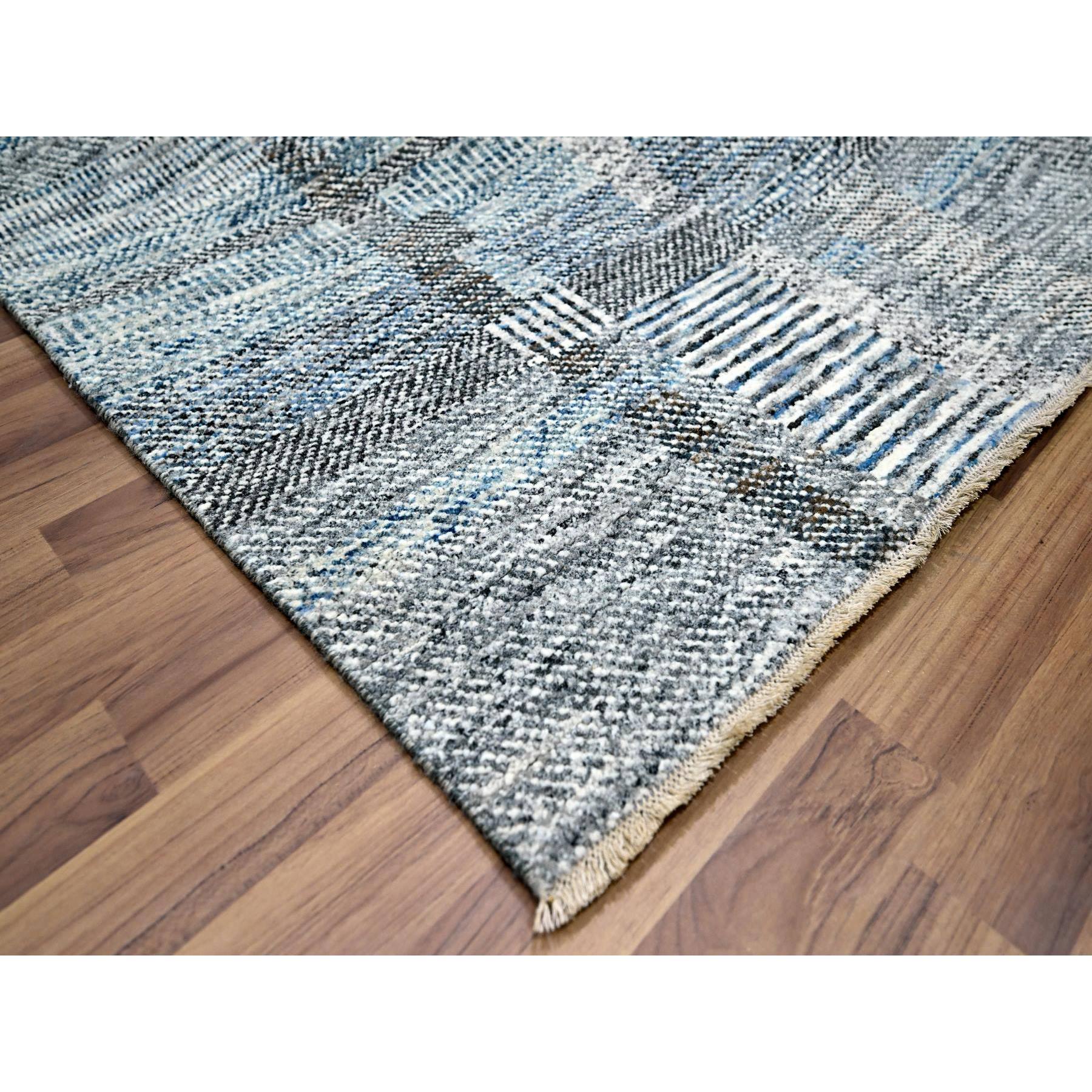 9'x12'1" Barely Blue with Brown, Modern Geometric Opened Up Plaid Design, 100% Wool, Hand Knotted, Thick and Plush, Oriental Rug Sh76152