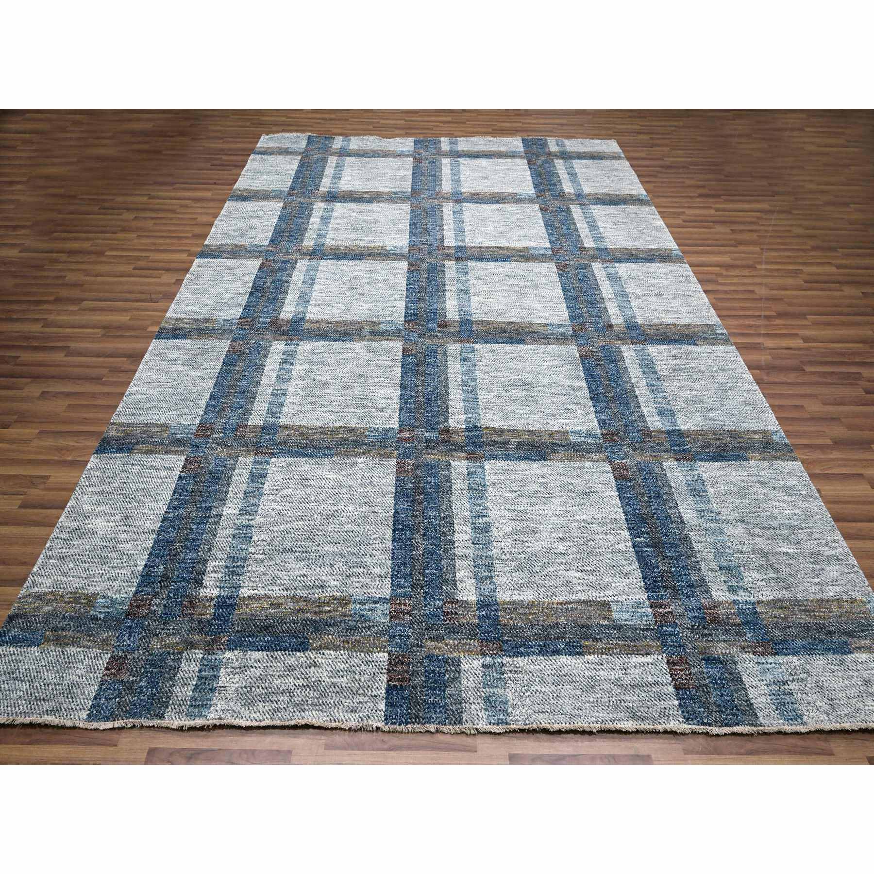 9'x12'1" Pearl White with Brown, Modern Geometric Opened Up Plaid Design, Thick and Plush, Pure Wool, Hand Knotted, Oriental Rug Sh76153