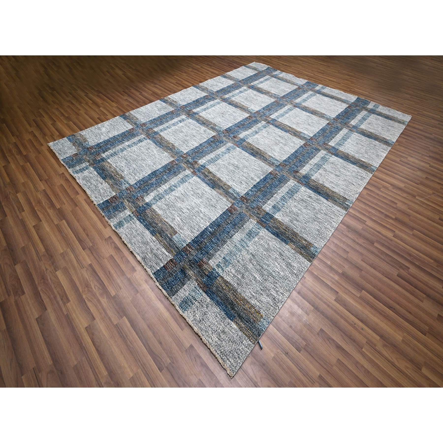 9'x12'1" Pearl White with Brown, Modern Geometric Opened Up Plaid Design, Thick and Plush, Pure Wool, Hand Knotted, Oriental Rug Sh76153