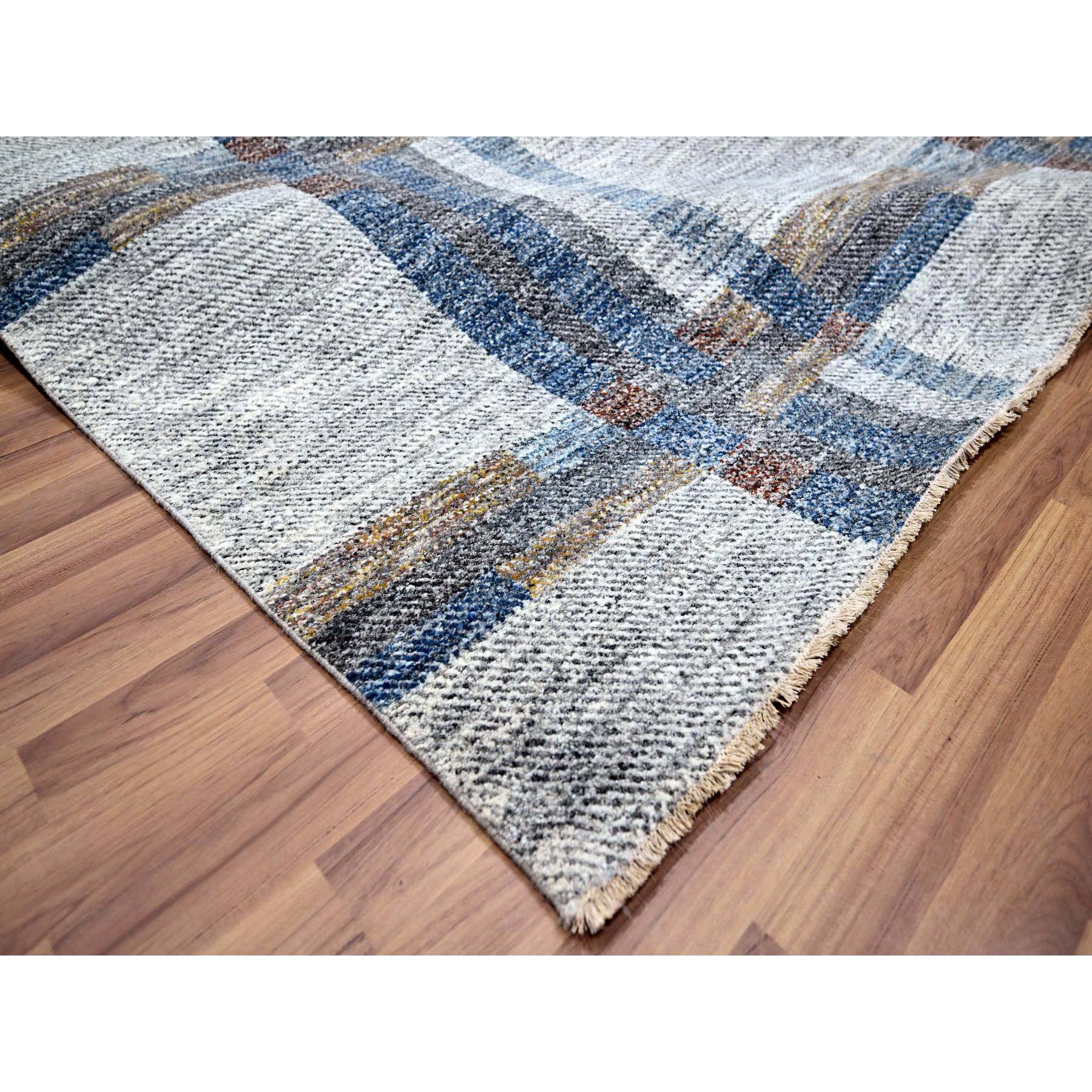 9'x12'1" Pearl White with Brown, Modern Geometric Opened Up Plaid Design, Thick and Plush, Pure Wool, Hand Knotted, Oriental Rug Sh76153