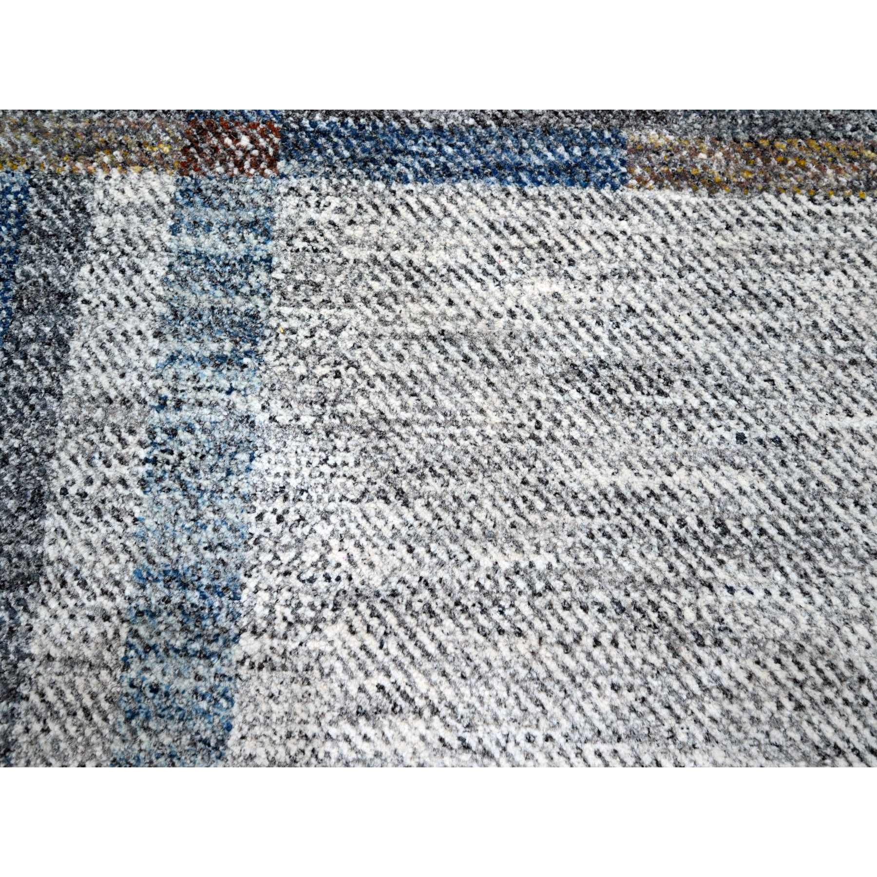9'x12'1" Pearl White with Brown, Modern Geometric Opened Up Plaid Design, Thick and Plush, Pure Wool, Hand Knotted, Oriental Rug Sh76153