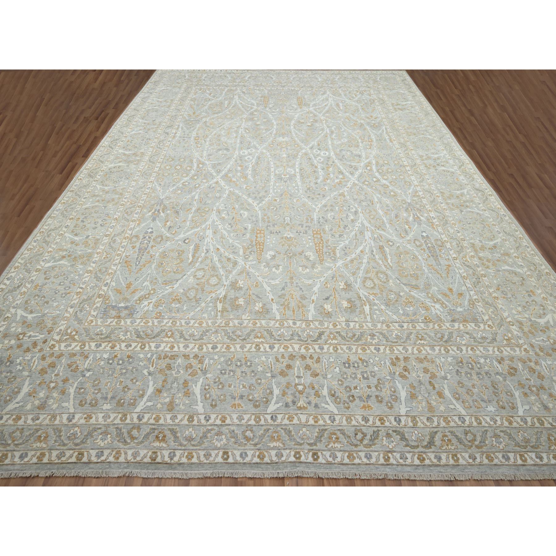 12'x15'1" Pastel Gray, Meditation Tree of Life Design, Tone on Tone, Zero Pile, 100% Wool, Densely Woven, Hand Knotted, 200 KPSI, Oversized, Oriental Rug Sh76159