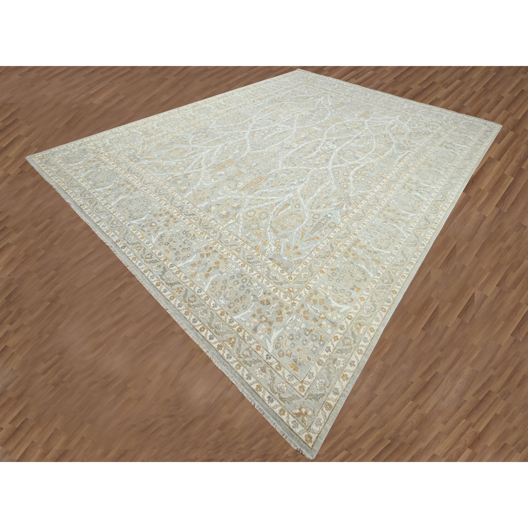 12'x15'1" Pastel Gray, Meditation Tree of Life Design, Tone on Tone, Zero Pile, 100% Wool, Densely Woven, Hand Knotted, 200 KPSI, Oversized, Oriental Rug Sh76159