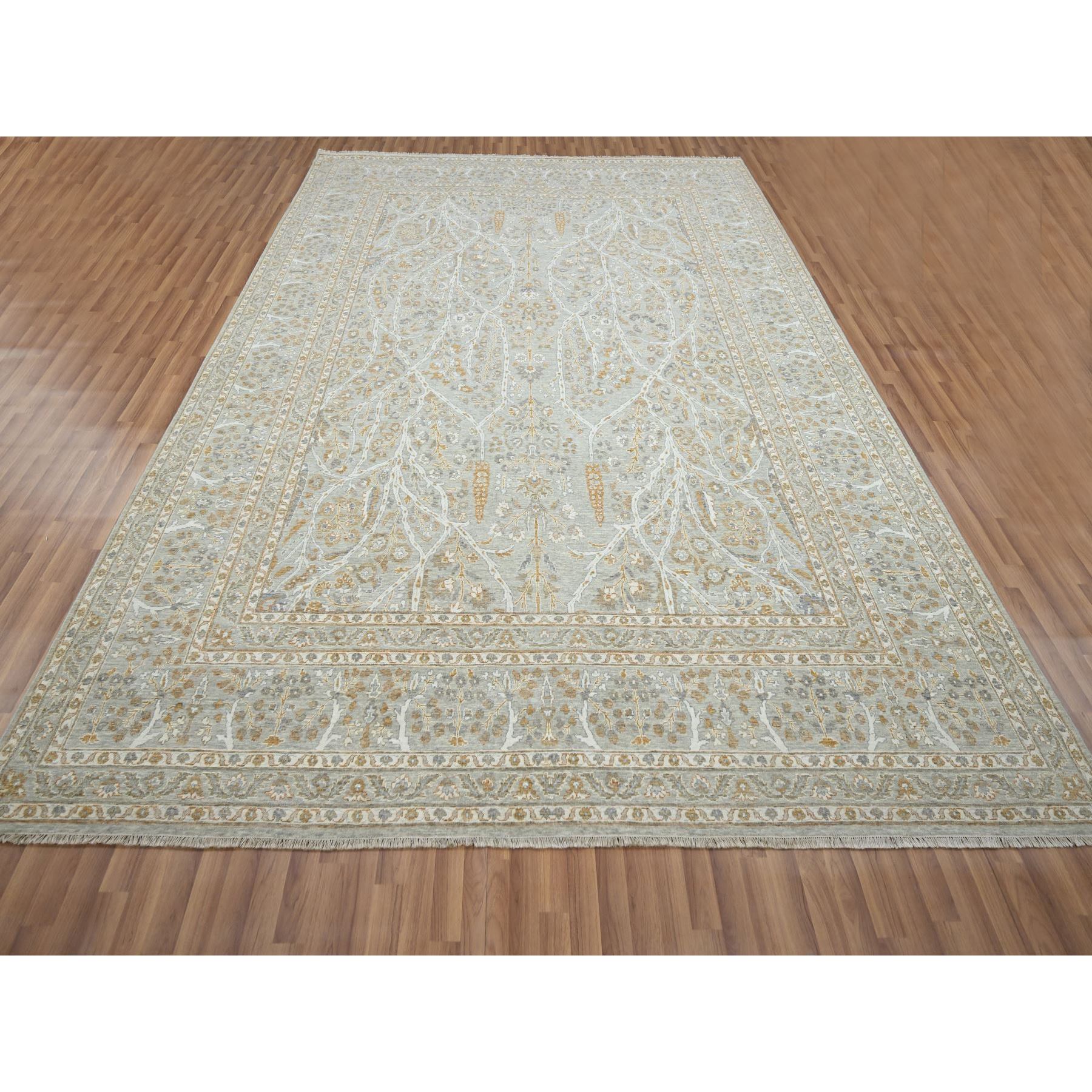 9'2"x12' Spanish Gray, 200 KPSI, Meditation Tree of Life Design, Tone on Tone, Zero Pile, 100% Wool, Densely Woven, Hand Knotted, Oriental Rug Sh76160