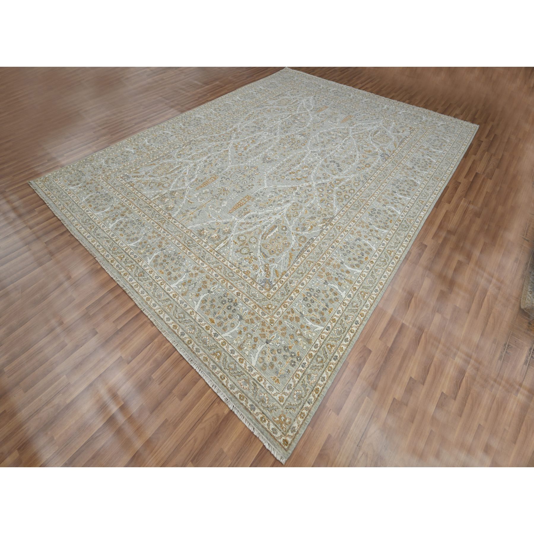 9'2"x12' Spanish Gray, 200 KPSI, Meditation Tree of Life Design, Tone on Tone, Zero Pile, 100% Wool, Densely Woven, Hand Knotted, Oriental Rug Sh76160