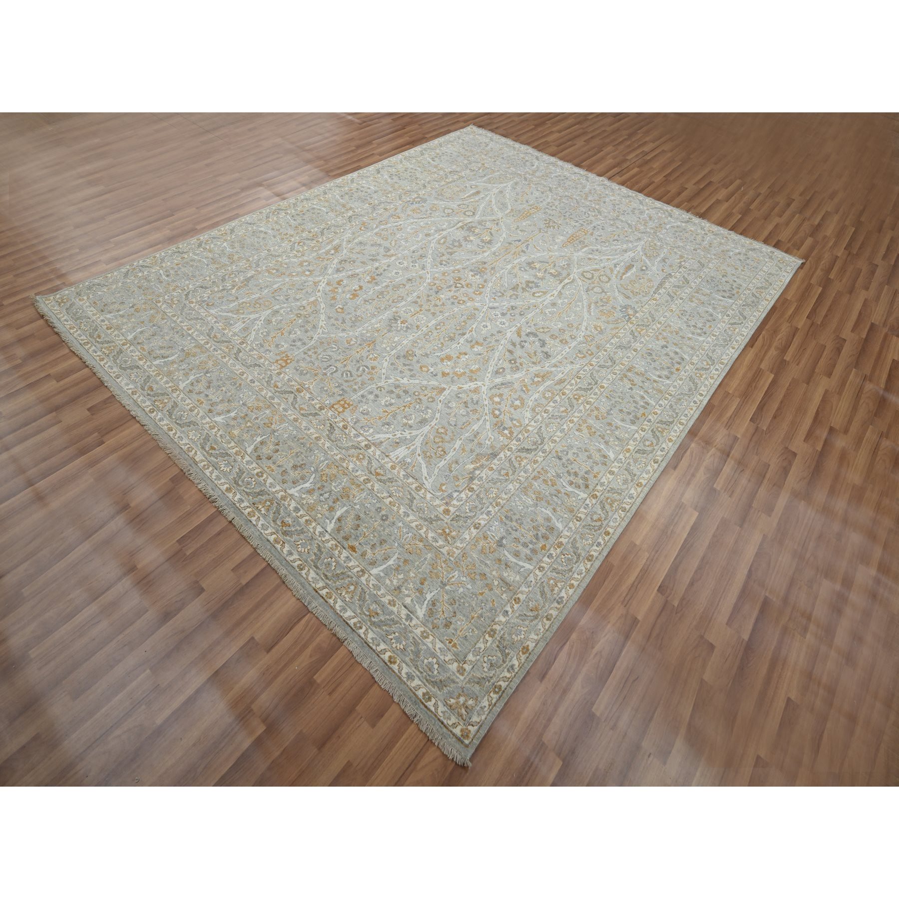8'1"x10'1" Misty Gray, Hand Knotted, Meditation Tree of Life Design, Tone on Tone, Zero Pile, 100% Wool, Densely Woven, 200 KPSI, Oriental Rug Sh76161