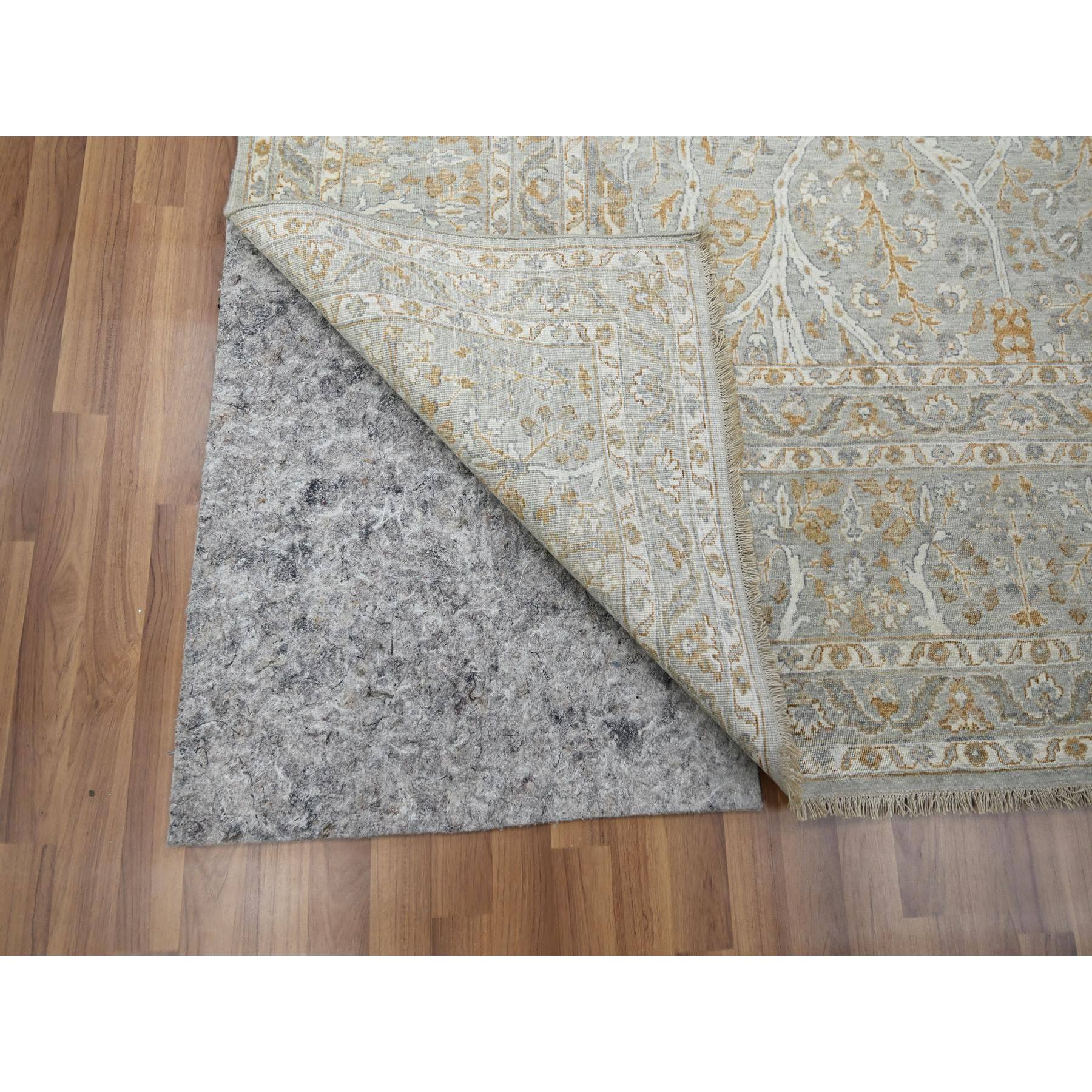 8'1"x10'1" Misty Gray, Hand Knotted, Meditation Tree of Life Design, Tone on Tone, Zero Pile, 100% Wool, Densely Woven, 200 KPSI, Oriental Rug Sh76161