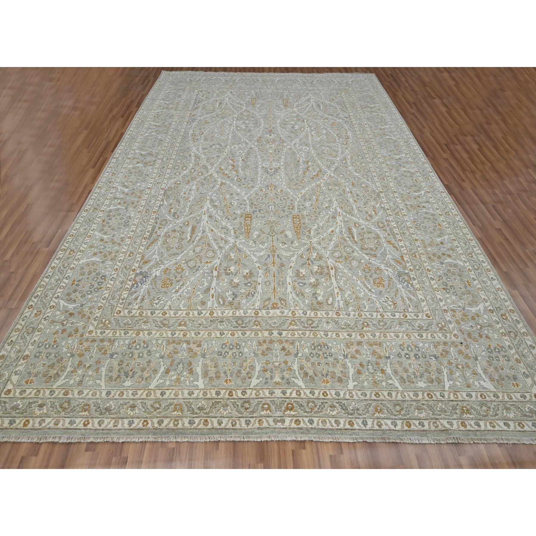 10'x14' Stone Gray, Meditation Tree of Life Design, Tone on Tone, Zero Pile, 100% Wool, Densely Woven, Hand Knotted, 200 KPSI, Oriental Rug Sh76162