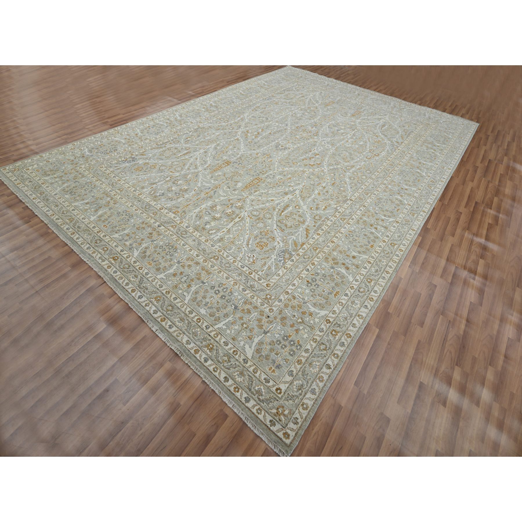 10'x14' Stone Gray, Meditation Tree of Life Design, Tone on Tone, Zero Pile, 100% Wool, Densely Woven, Hand Knotted, 200 KPSI, Oriental Rug Sh76162
