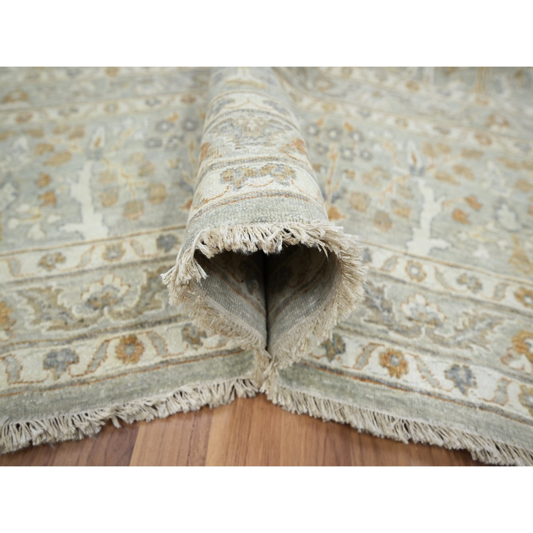 10'x14' Stone Gray, Meditation Tree of Life Design, Tone on Tone, Zero Pile, 100% Wool, Densely Woven, Hand Knotted, 200 KPSI, Oriental Rug Sh76162