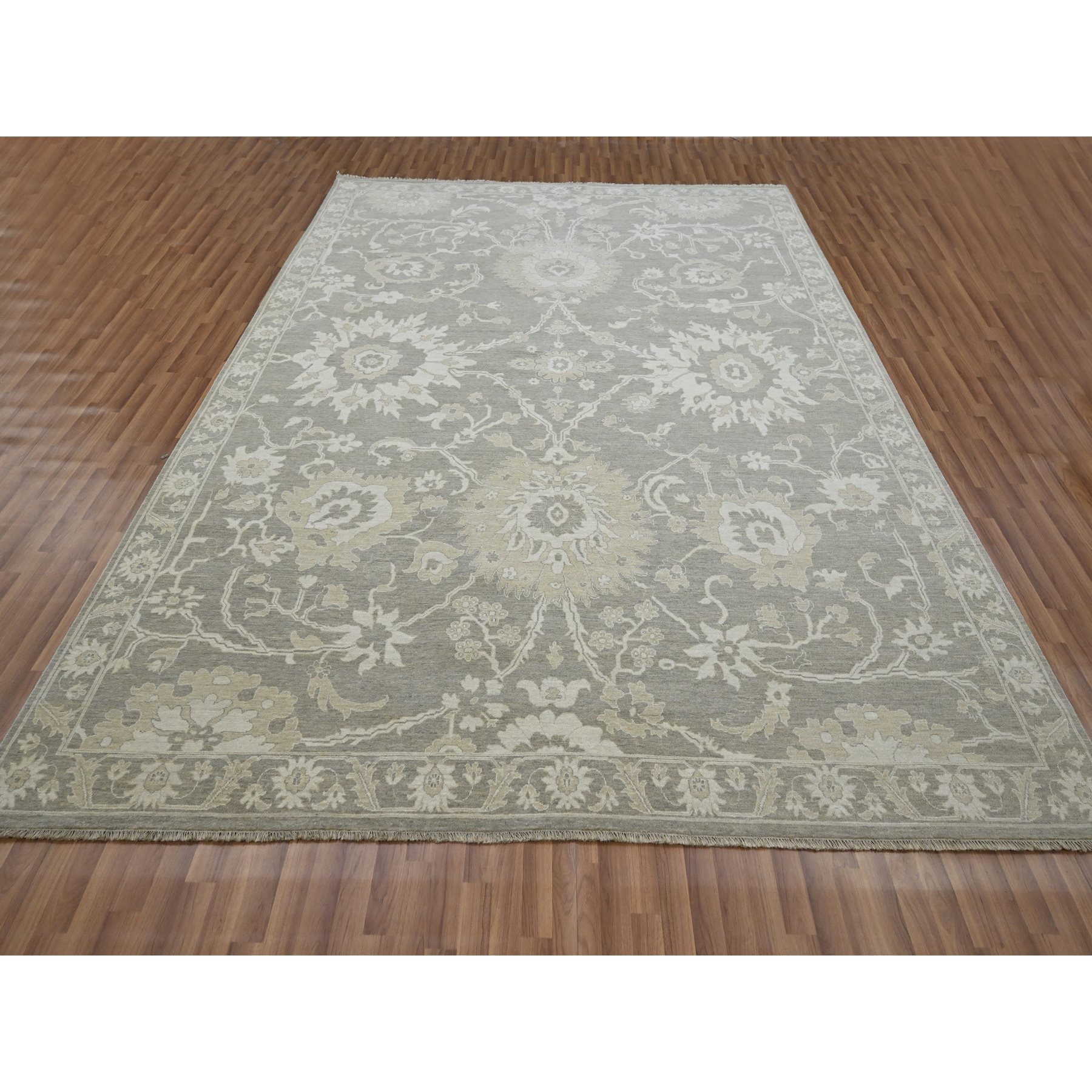 9'1"x12'3" Fossil Gray, Ziegler Mahal Large Flowers Design, Tone on Tone, Zero Pile, 100% Wool, Hand Knotted, Dense Weave, Oriental Rug Sh76163
