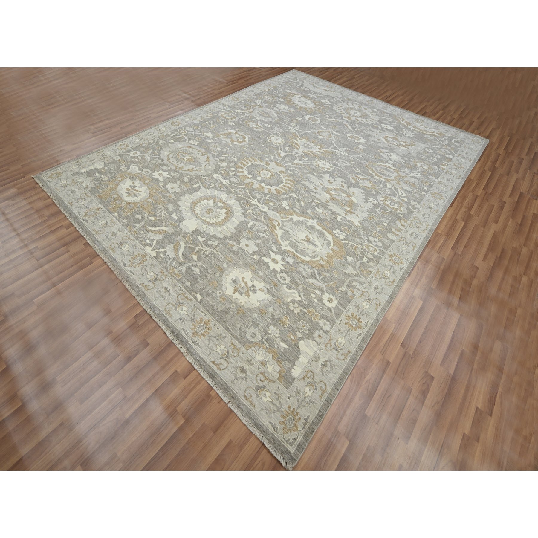 9'x11'10" Carbon Gray, Dense Weave, Hand Knotted, Ziegler Mahal Large Flowers Design, Tone on Tone, Zero Pile, 100% Wool, Oriental Rug Sh76164