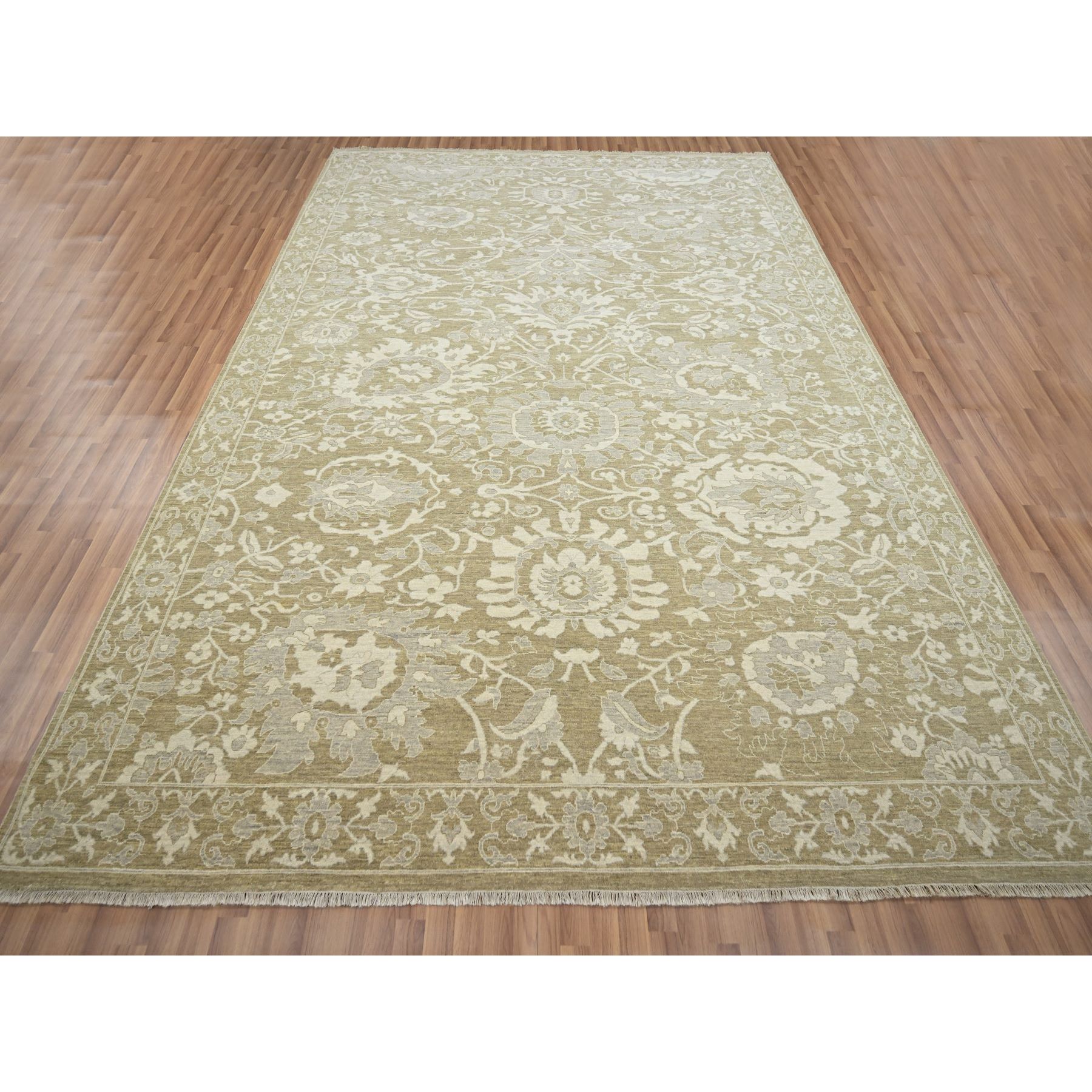 9'x12' Reseda Green, Ziegler Mahal Large Flowers Design, Tone on Tone, Zero Pile, 100% Wool, Hand Knotted, Dense Weave, Oriental Rug Sh76165